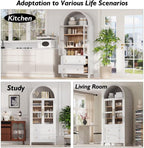 71" Tall Arched Kitchen Pantry Cabinet with 2 Large Drawers, Modern Farmhouse Kitchen Storage Cabinets with Adjustable Shelves, Glass Door, Wood Versatile Cupboard for Kitchens, Dining Room, White