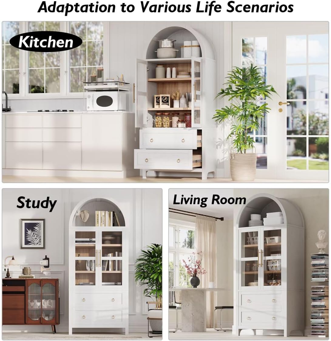 71" Tall Arched Kitchen Pantry Cabinet with 2 Large Drawers, Modern Farmhouse Kitchen Storage Cabinets with Adjustable Shelves, Glass Door, Wood Versatile Cupboard for Kitchens, Dining Room, White