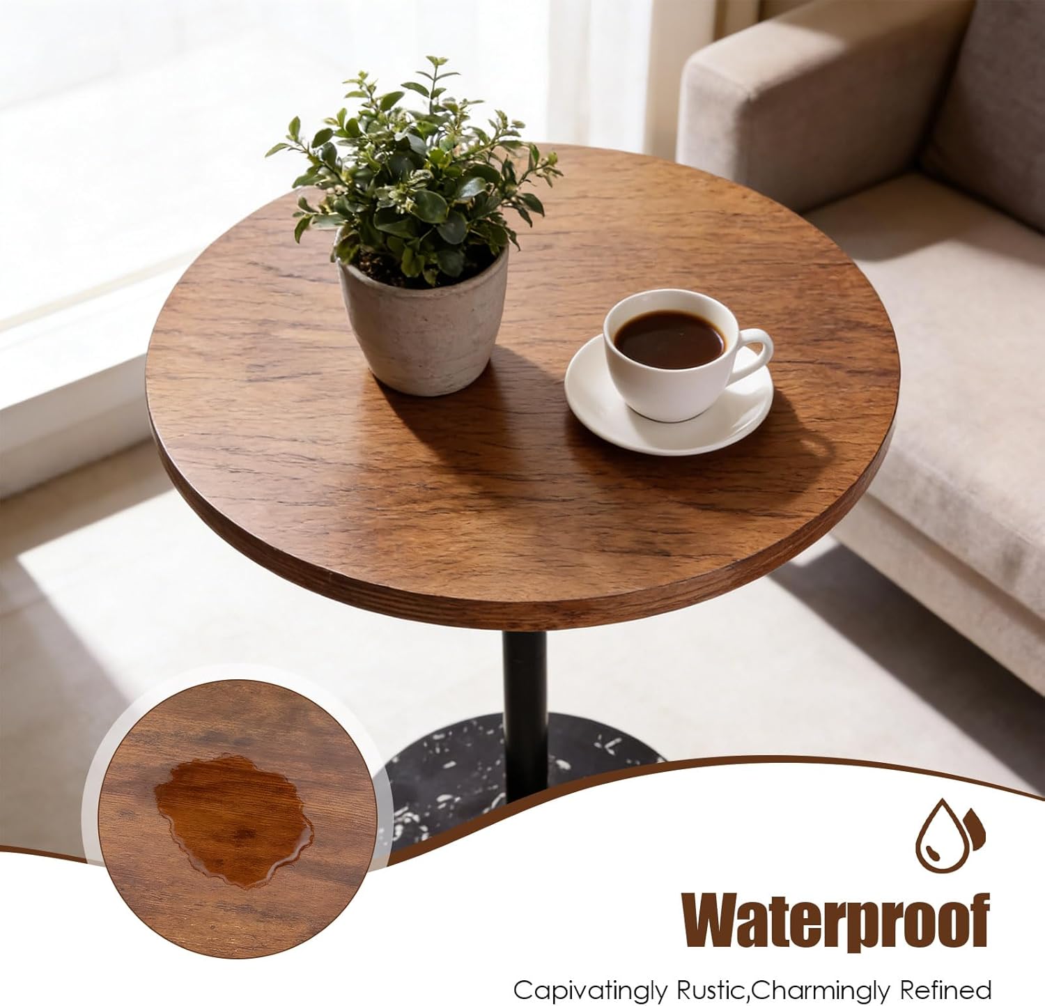Side Table, Round End Table, Small Drink Table for Small Spaces, Modern Accent Nightstand with Natural Marble Base for Living Room, Bedroom,Bathroom Corners, and Office (Rustic Brown)