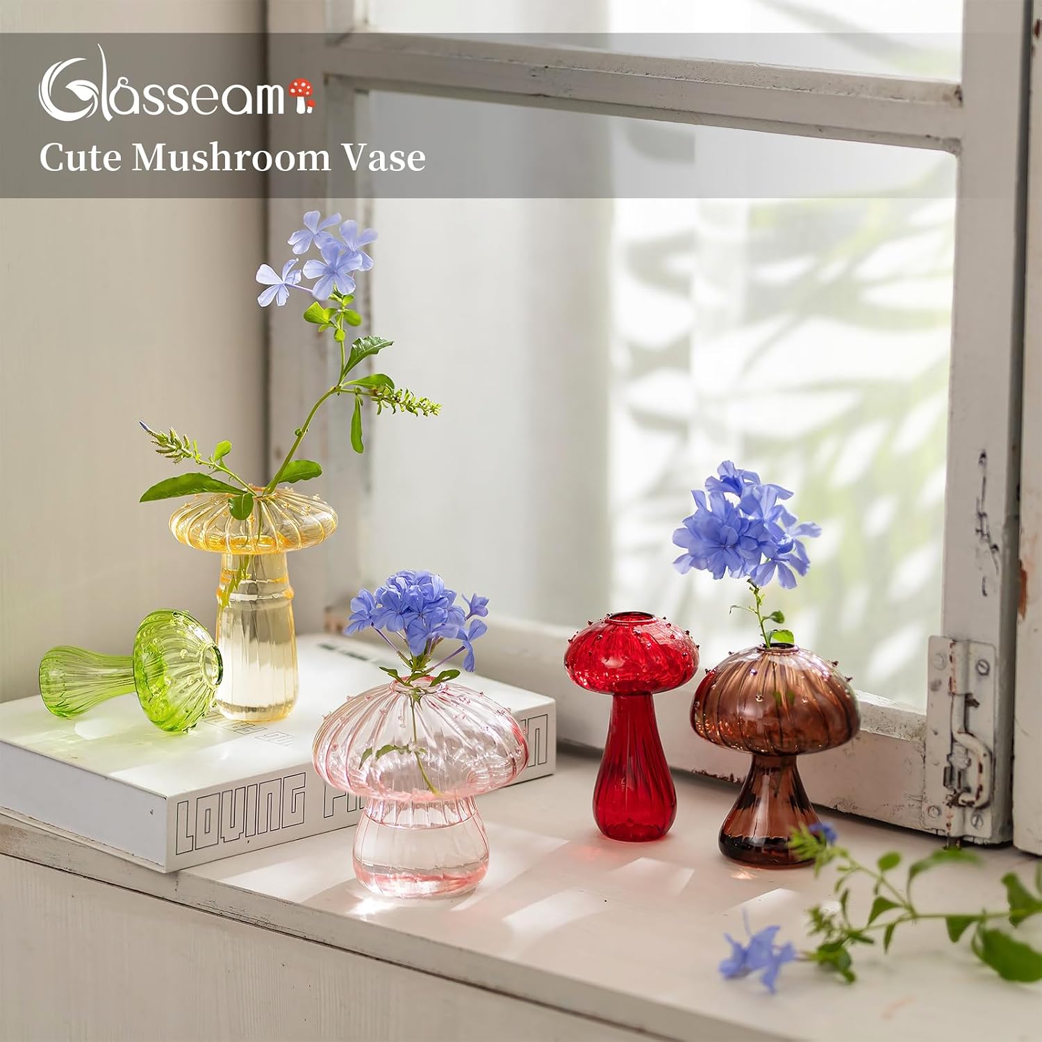 Glasseam Mushroom Propagation Vase, Colored Flower Vases Decorative Set of 10, Unique Small Glass Vases for Flowers,Aesthetic Mini Cute Vase Decor, Hydroponic Bud Vase for Bedroom Bathroom Kitchen