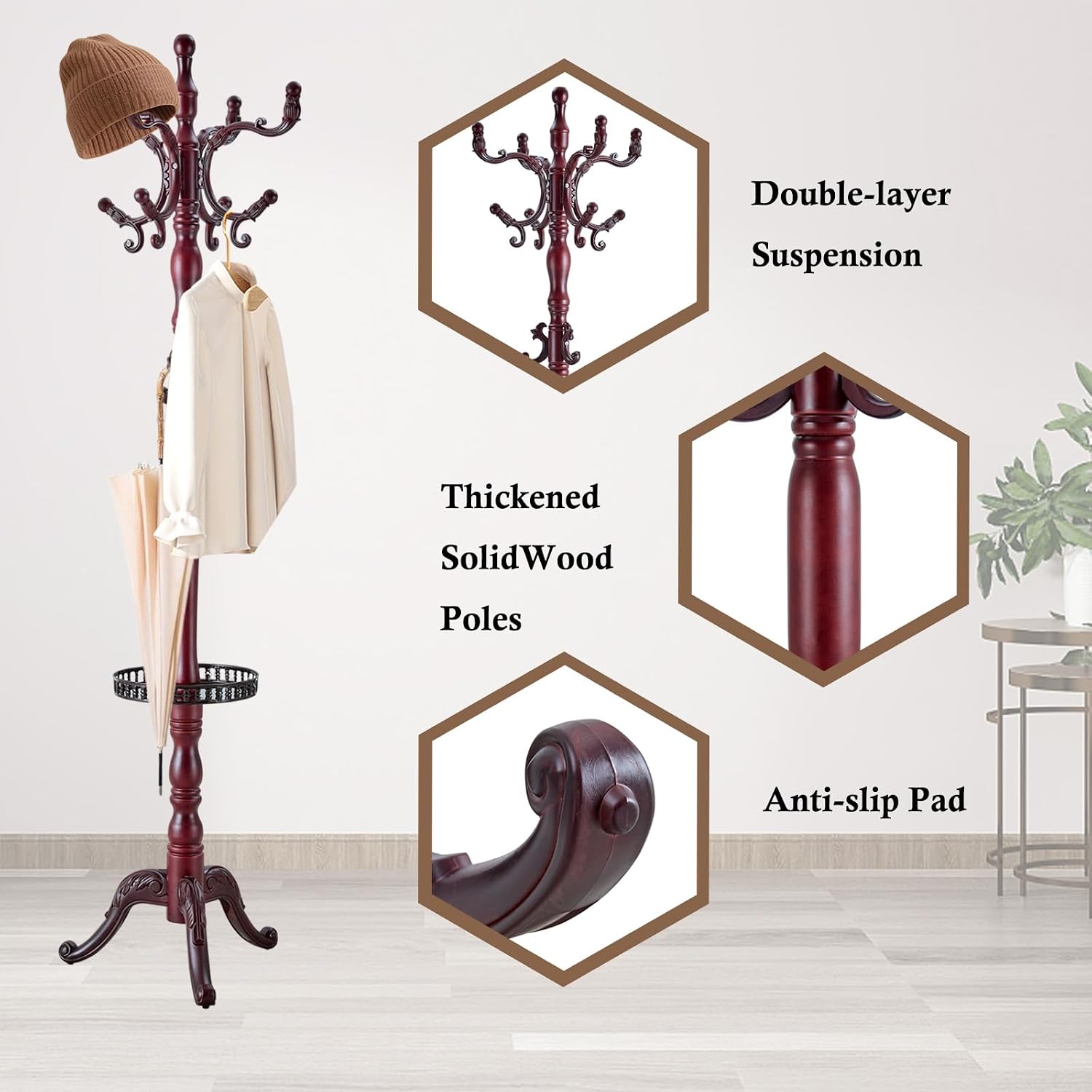 Coat Rack Stand, Solid Wooden Coat Tree with 14 Hooks, Heavy Duty Coat Rack Freestanding with Sturdy Triangle Base, Natural Birch Wood Coat Hanger Stand for Entryway Bedroom (Reddish-brown H12)
