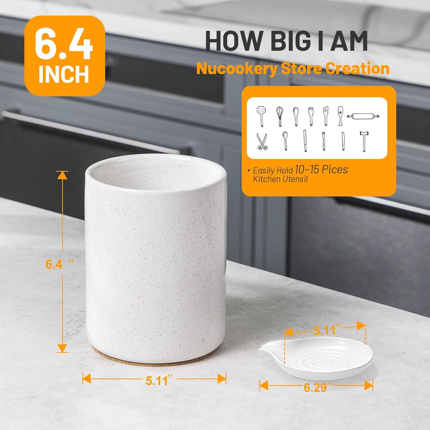 Nucookery Utensil Holder with Spoon Rest, 6.4'' Large Ceramic Kitchen Utensil Crock, Heavyweight Countertop Organizer Holds 10–15 Utensils, Easy Clean, Non-Slip Cork Base