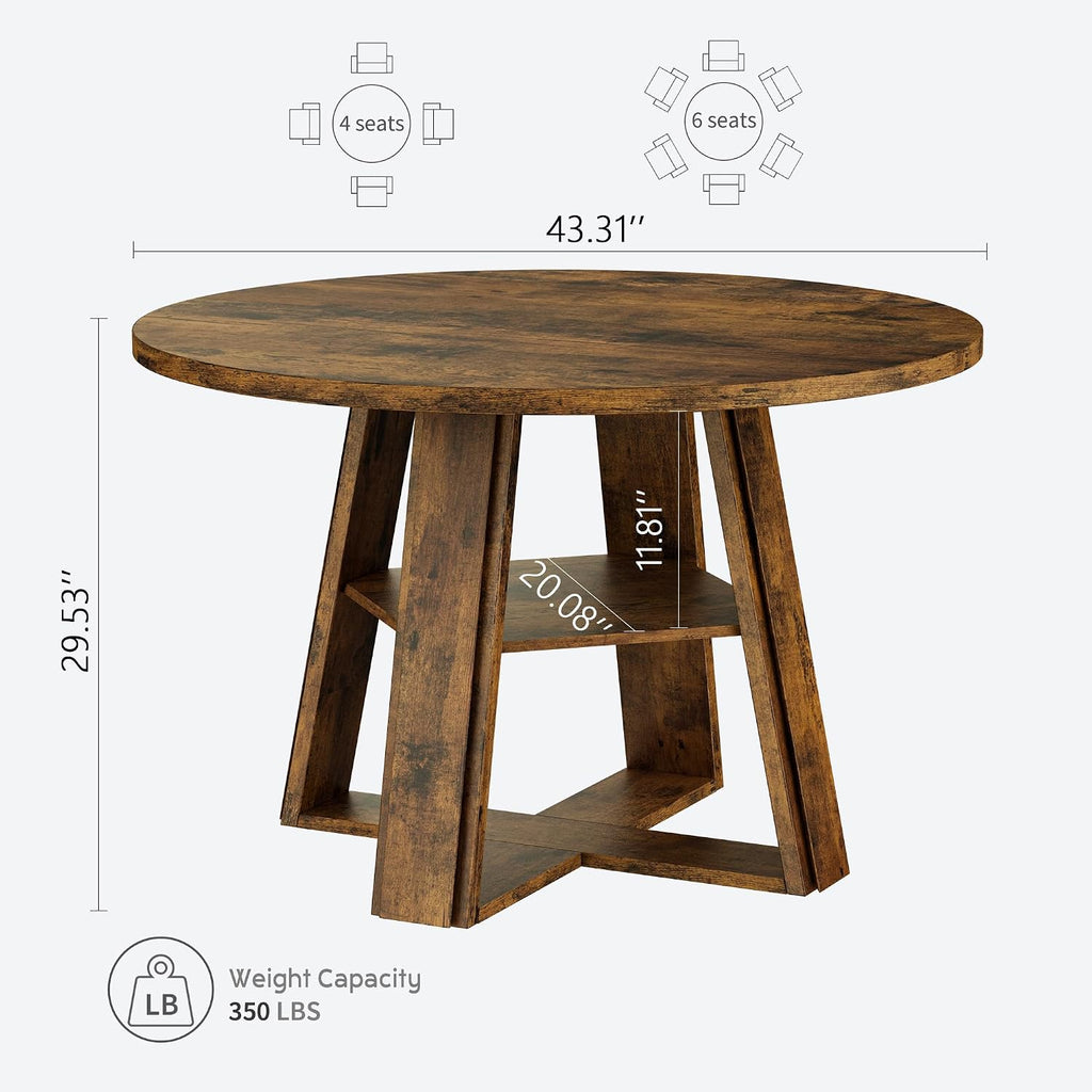 Garvee 43.3" Round Dining Table for 4-6 People, Circle Kitchen Table with Wooden Pedestal Base and Storage Shelf Space Saving Dining Room Table for Kitchen, Living Room, Apartment