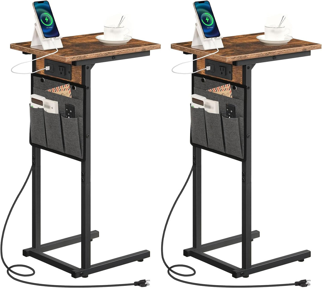 HOOBRO C Shaped Side Tables with Charging Station, Set of 2, Slide Under Couch Tables, 27.8" Tall Side Tables for Sofa Arm with Fabric Storage Pocket, for Living Room, Rustic Brown BF73USFP201