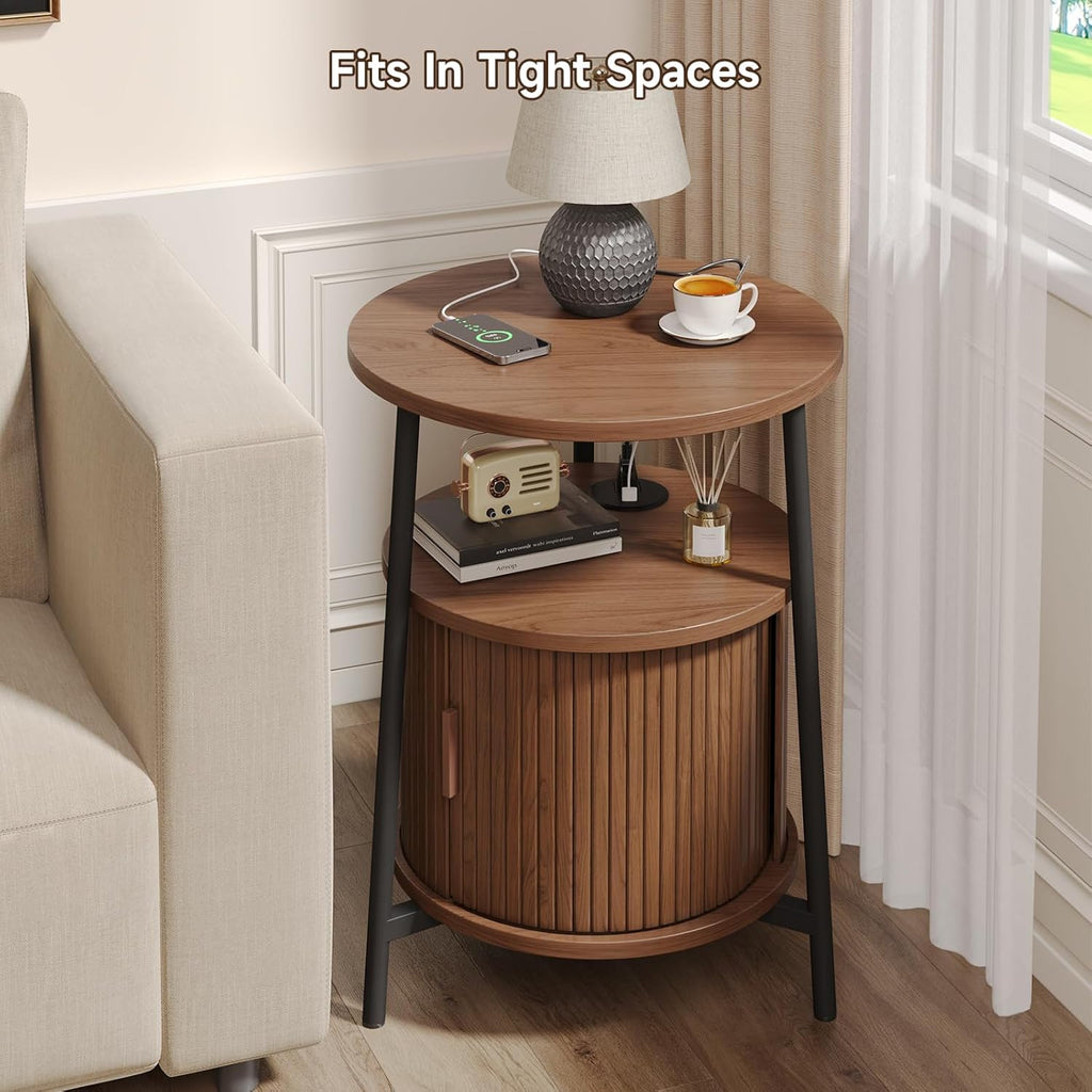 Round Side Table with Storage, Nightstand with Charging Station, Mid Century Modern Fluted Bedside Table with Sliding Door, Small Wood End Table for Living Room Small Space Bedroom, Walnut