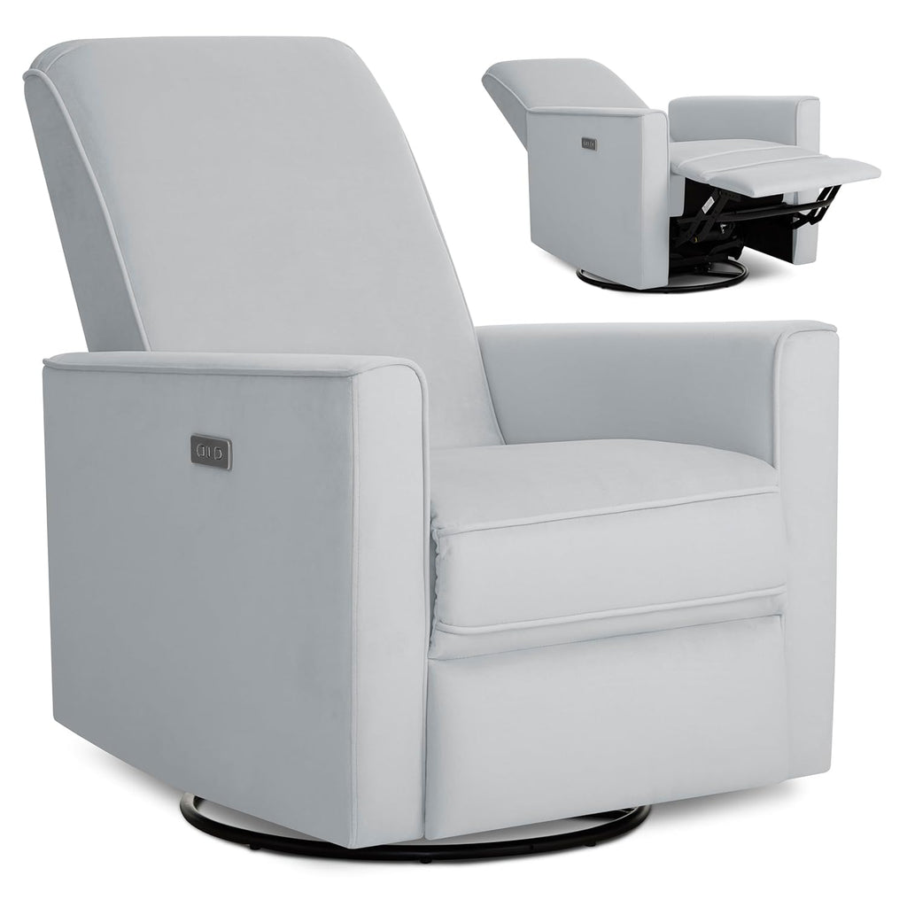 Evolur Harlow Upholstered Power Glider Recliner with USB Charging – Rocking & 275° Swivel with Smooth Glide – Greenguard Gold & FSC Certified – Modern Nursery and Living Room Chair in Grey
