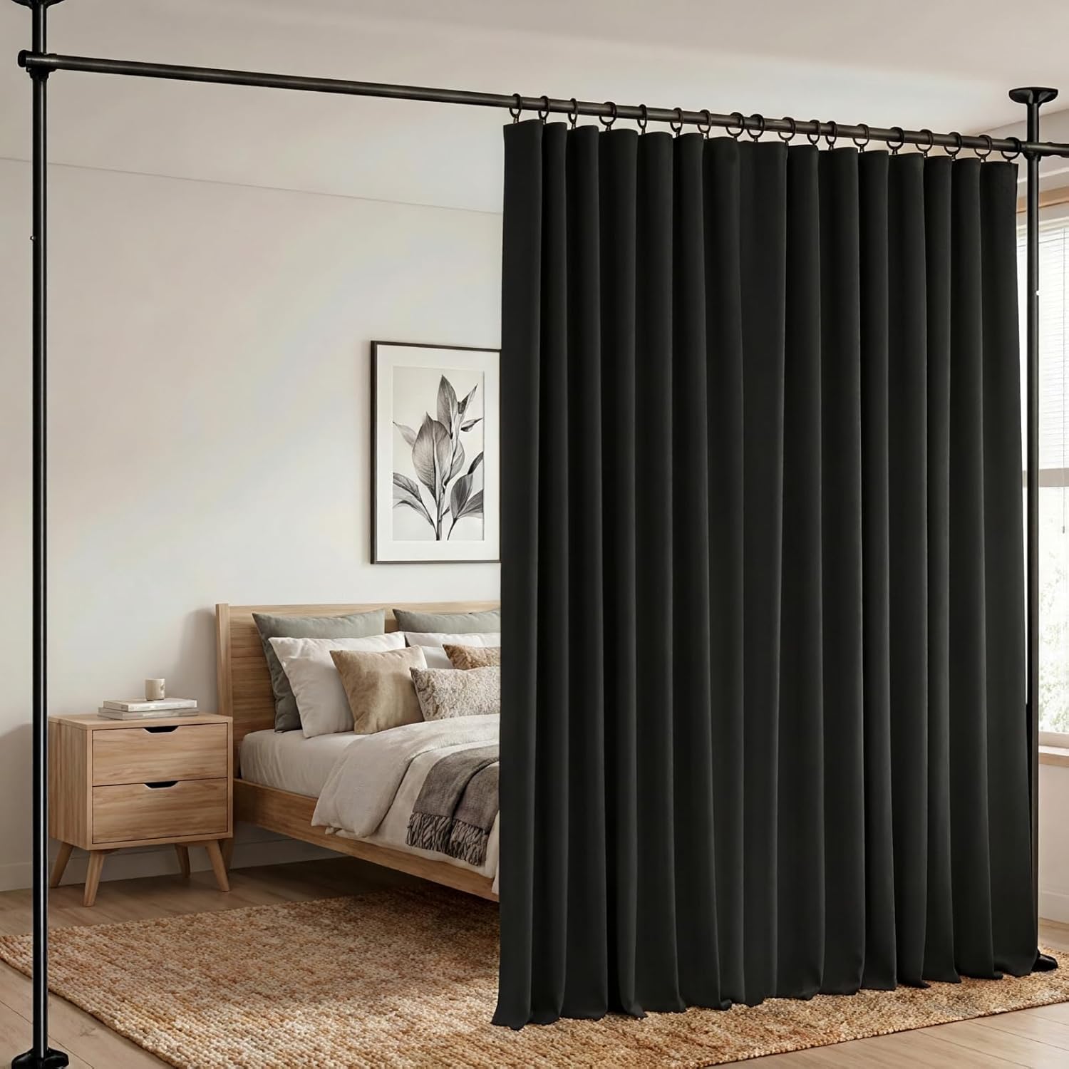 hoeflife Room Divider Curtains Blackout Floor to Ceiling Curtain with Hook Wall Mount Sliding Door Curtains Ceiling Mount Extra Wide Curtain Wall Divider for Room Separation (Black, W100 x H84 Inch)