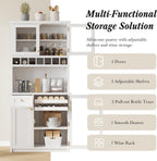 Kitchen Pantry Storage Cabinet with Wine Rack and Adjustable Shelves, Freestanding Buffet Cabinet with Hutch, White