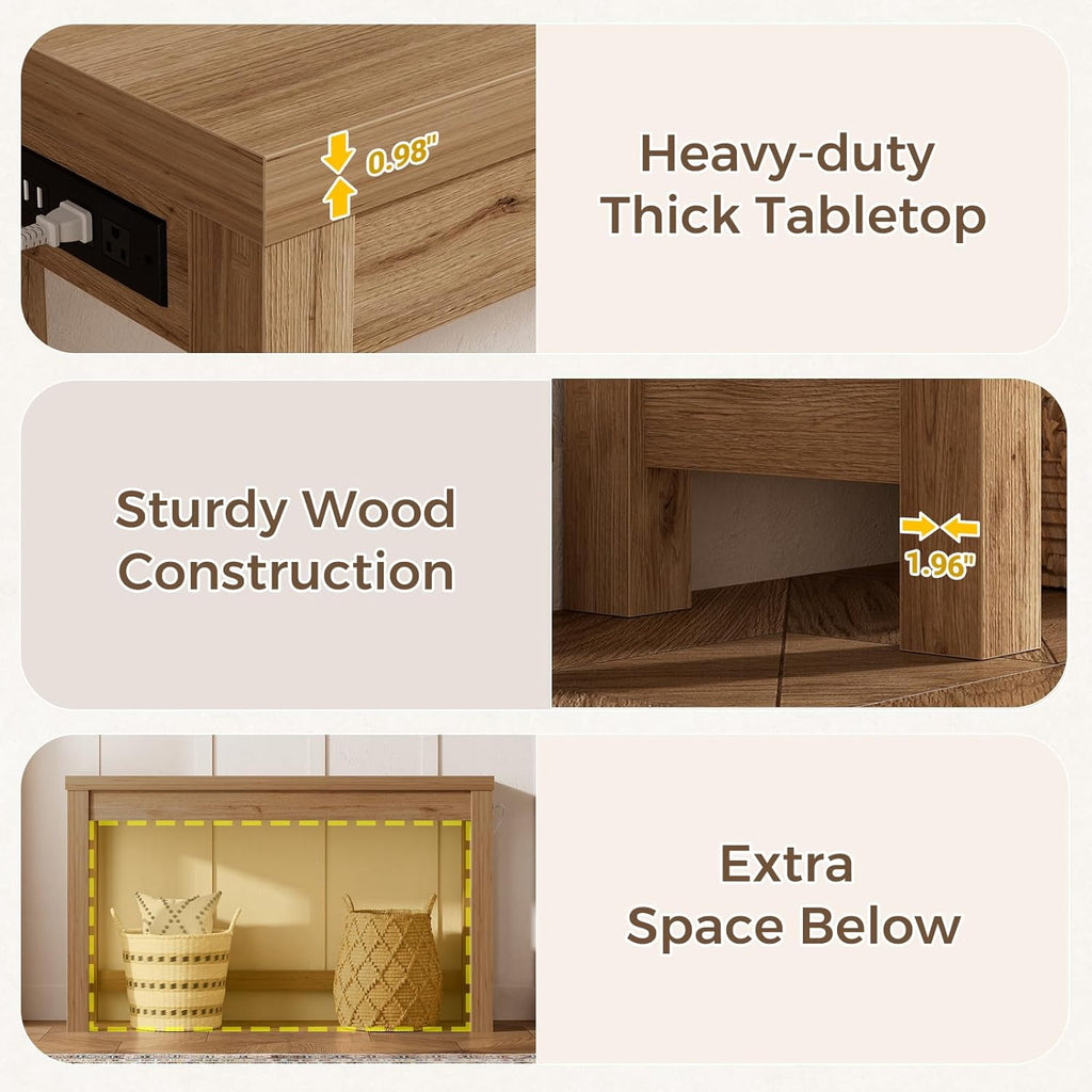 Cyclysio 47" Console Tables for Entryway, Narrow Console Tables for Living Room, Behind Couch Table, Sturdy Wood Support Hallway Table with 3AC+2USB Charging‌ Station, Natural Oak