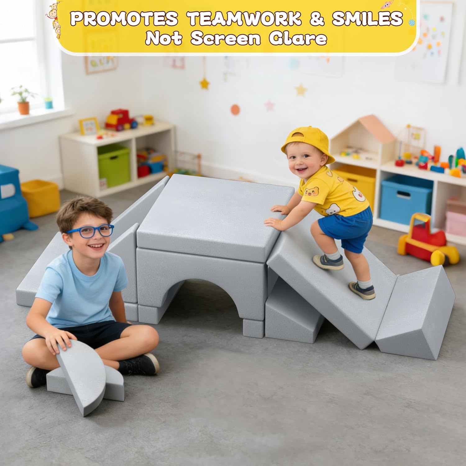 15pcs Unique Modular Kids Play Couch - Convertible Foldable Toddler Sofa Bed with Removable Crystal Velvet Cover, Safe Couches Kids Furniture for Playroom & Bedroom, for Boys and Girls