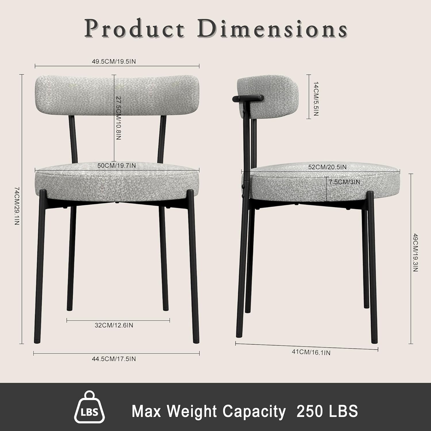 Boucle Dining Chairs Set of 2, Round Kitchen Chairs with Curved Backrest and Metal Legs, Upholstered Modern Style, Suitable for Living Room