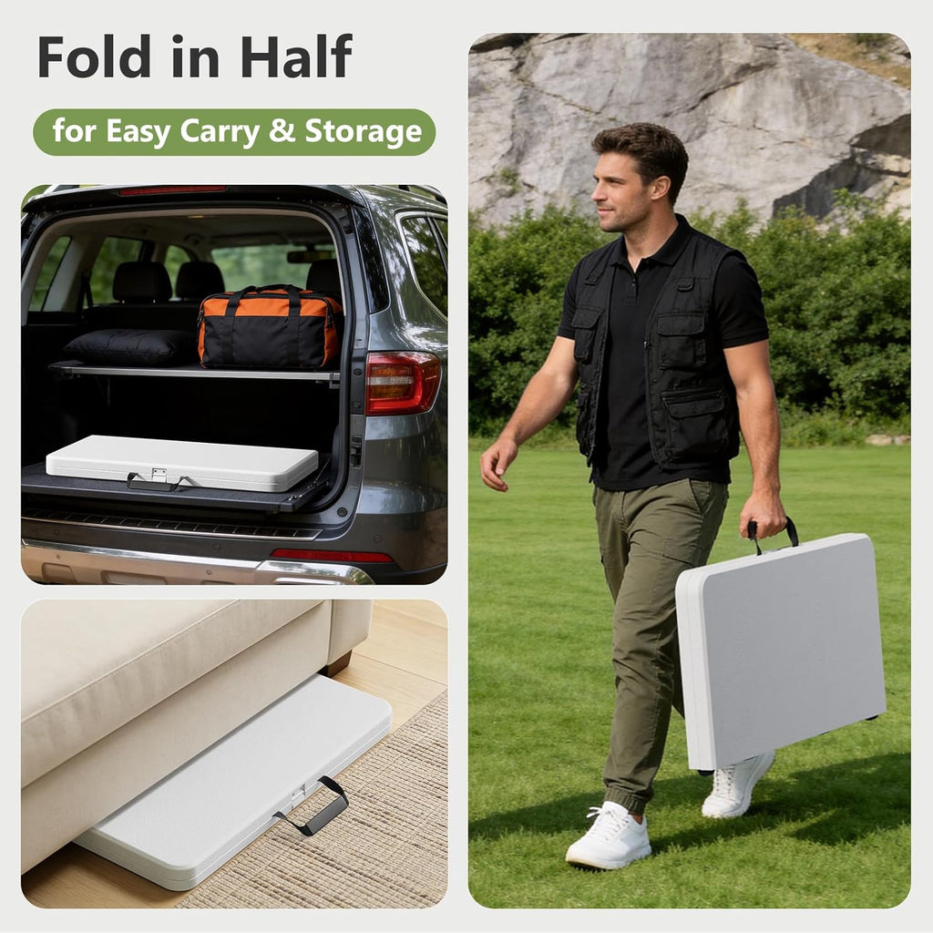 Folding Table, 36 Inch Square Foldable Card Table with Carrying Handle, Heavy Duty Fold-in-Half Portable Table No Assembly, Ideal for Picnic, Camping, RV Travel, Parties, BBQs, Crafting and Indoor Use
