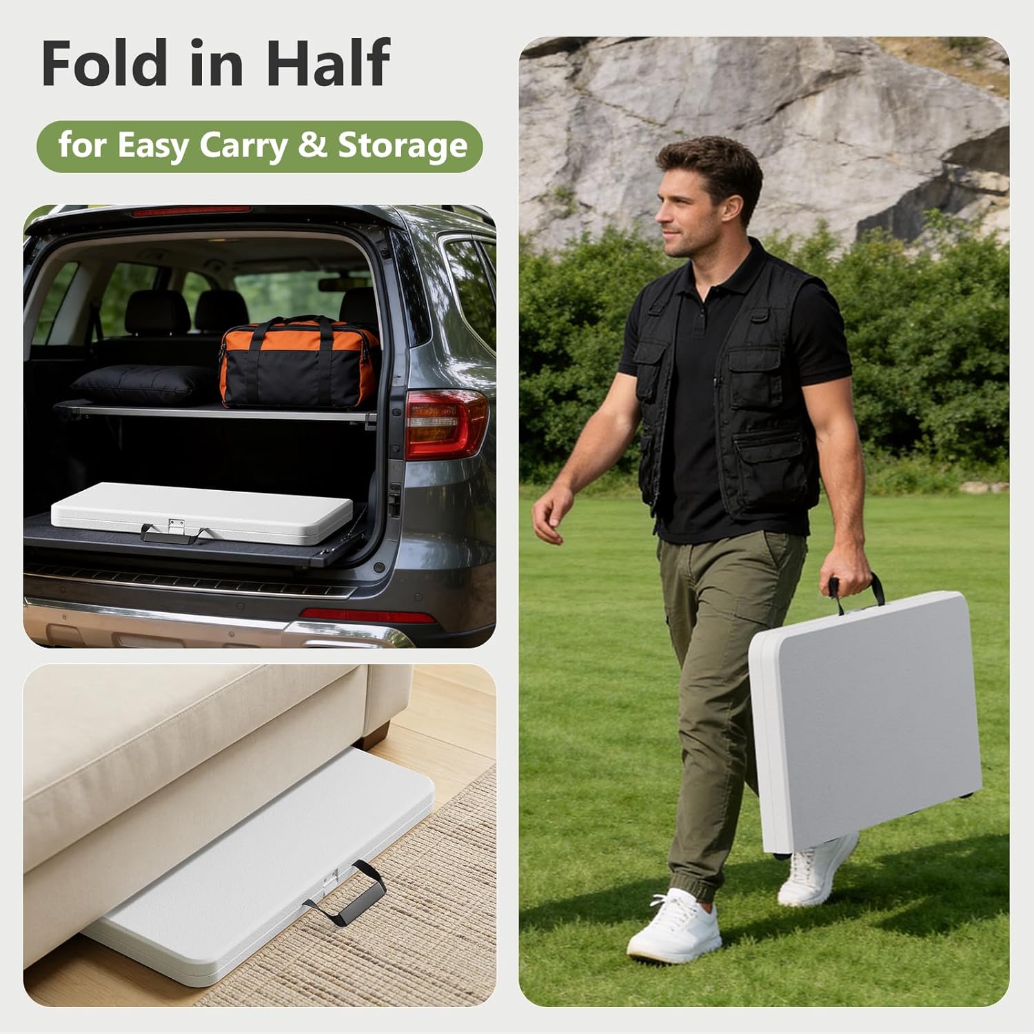 Folding Table, 36 Inch Square Foldable Card Table with Carrying Handle, Heavy Duty Fold-in-Half Portable Table No Assembly, Ideal for Picnic, Camping, RV Travel, Parties, BBQs, Crafting and Indoor Use