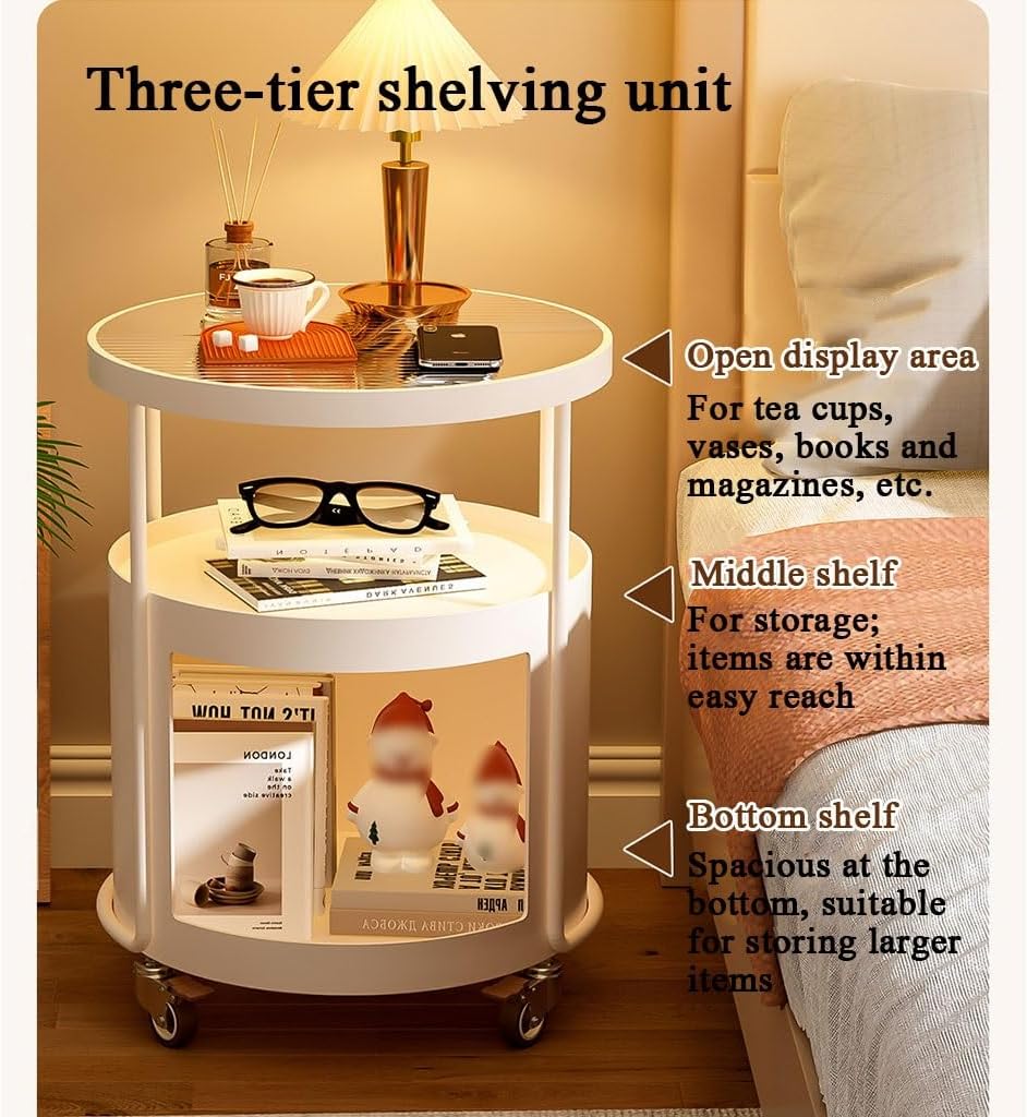 Mobile Glasstop Side Table Living Room End Tables with 3 Tier,Small Corner Table Nightstand for Bedroom,Modern Coffee Table for Small Space(White,C)