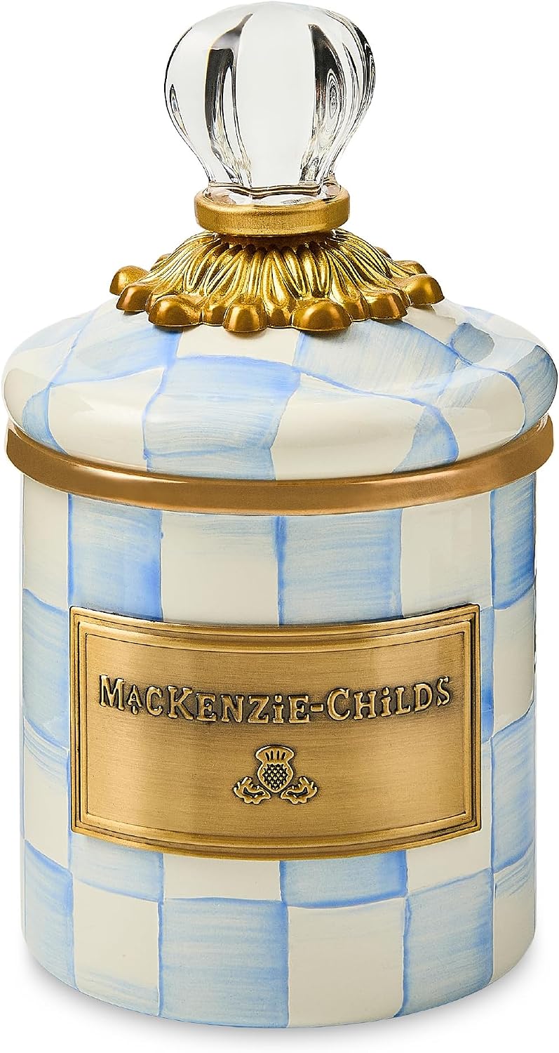 MACKENZIE-CHILDS Enamel Canister, Kitchen Storage Container with Lid, Mini, 14-Ounce Capacity, Light-Blue-and-White Sky Check