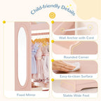 Curipeer Kids Dress up Storage with Mirror, Kids Wardrobe with Storage & 3 Hooks, Kids Closet for Girls Boys, Kids Costume Organizer, Open Hanging Armoire Wardrobe Closet for Bedroom, Pink