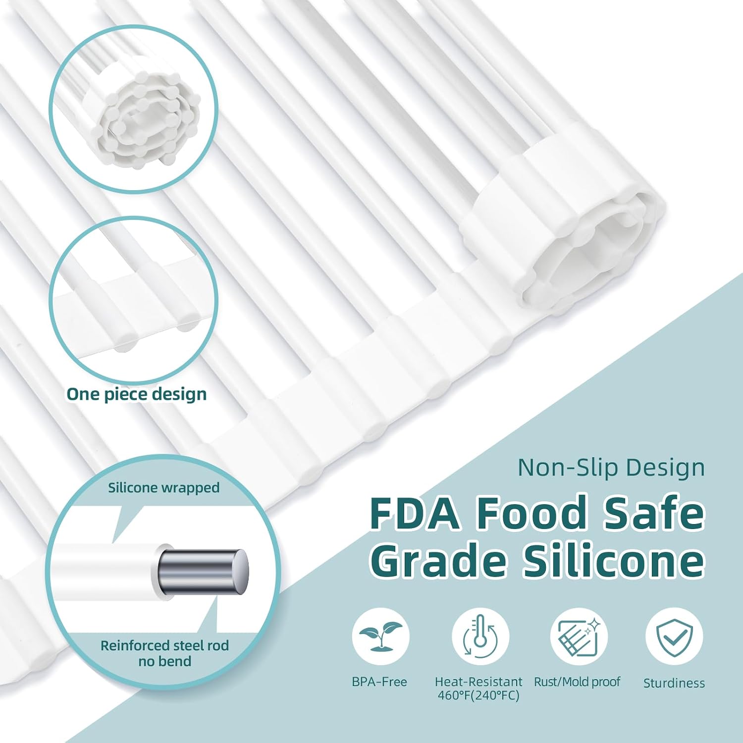 Ohuhu Over Sink Dish Drying Rack, 17.6" W x 15.4" L Roll Up Dish Racks Kitchen Sink Organizer Silicone Wrapped Large in Sink Dish Drying Rack Foldable Rolling Drain Mats Anti-Slip