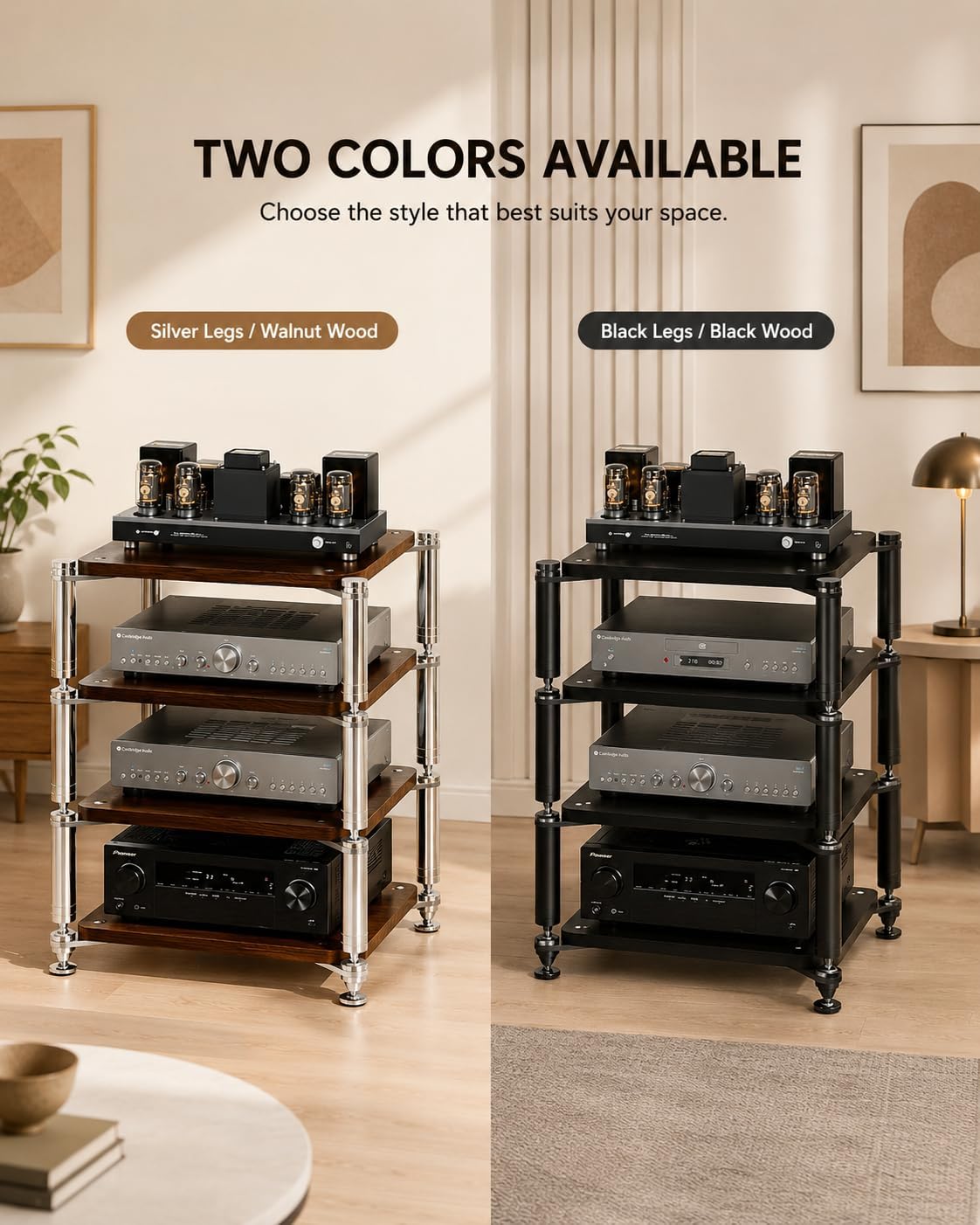 Heavy Duty AV Stand, Open Design’s Audio Racks with Shock-Absorbing Foot pegs, Strong Load-Bearing Capacity Audio Component Rack, for Offices and Recording Studios (Black Walnut, 3-Tier)