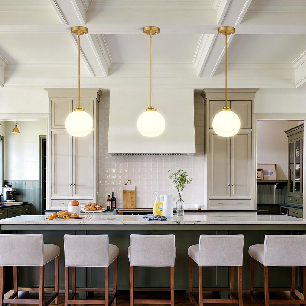 2 Pack Gold Globe Pendant Lights, Mid Century Gold Pendant Light Fixtures, Globe Pendant Lights Kitchen Island with Milk Glass Shade Adjustable Hanging Fixture for Dining Room (Bulbs not Included)