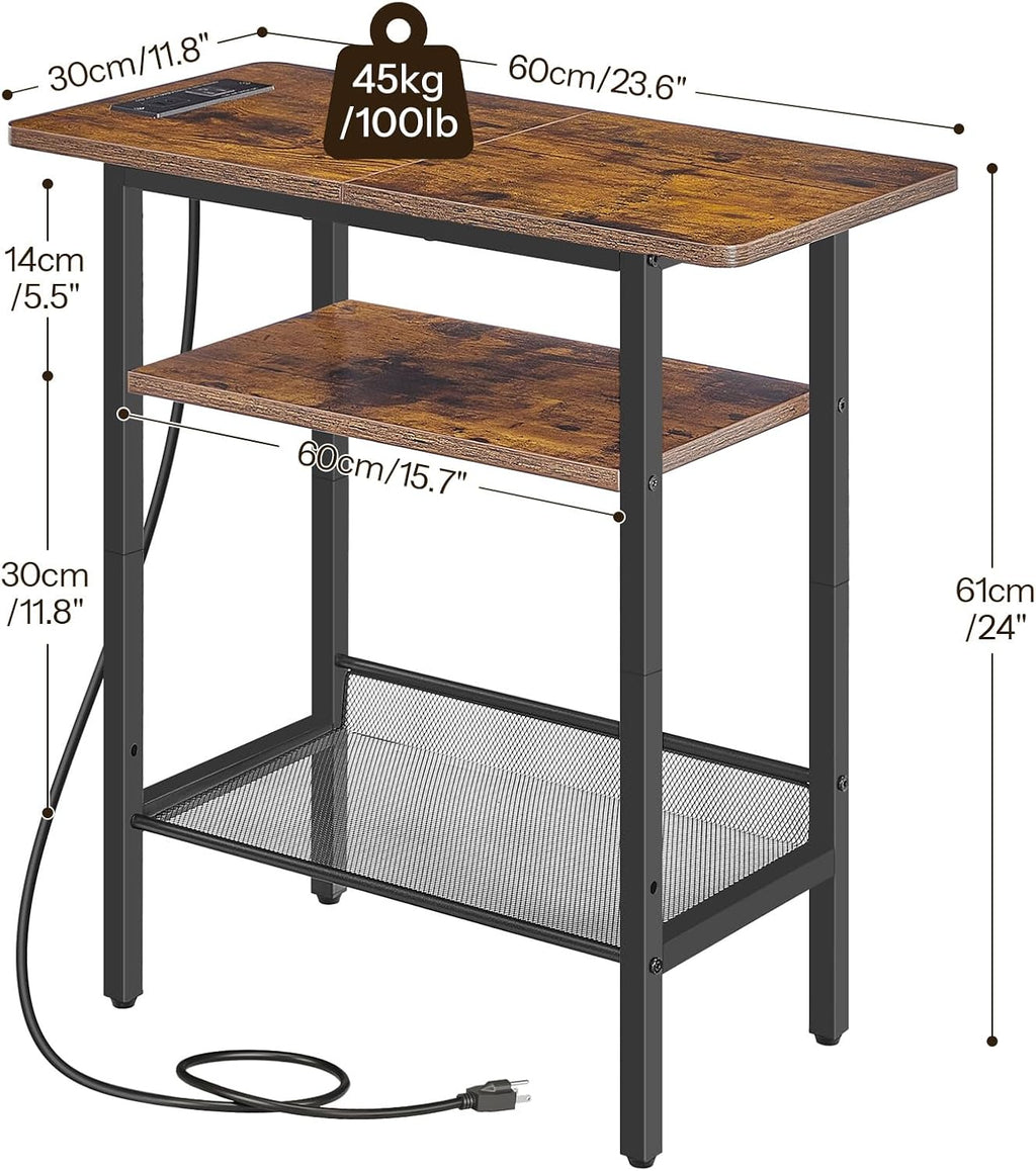 HOOBRO Side Table, Narrow End Table with Shelf and Charging Station, 3-Tier Bedside Tables with Wide Storage Tabletop for for Small Spaces, Living Room, Bedroom, Rustic Brown and Black BF366UBZ01