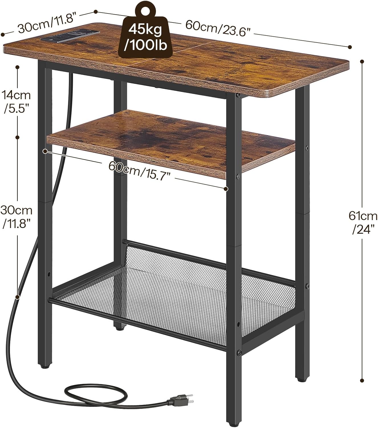 HOOBRO Side Table, Narrow End Table with Shelf and Charging Station, 3-Tier Bedside Tables with Wide Storage Tabletop for for Small Spaces, Living Room, Bedroom, Rustic Brown and Black BF366UBZ01