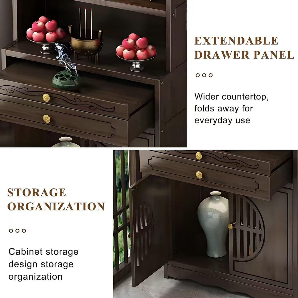 Bamboo Buddhist Altar Table for Home - Meditation Table with Cabinet Door, Chinese for Altar Pooja Tables High Altars with Storage (Ruyi Style)