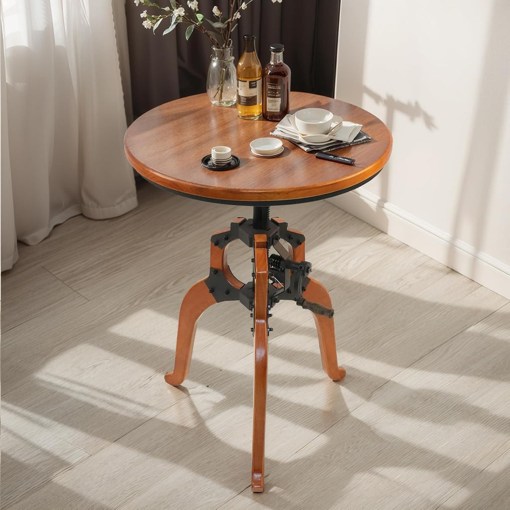 LOKKHAN Industrial Vintage Side Table, 23.62" Solid Wood Round Tabletop, 26-31.9" Height Adjustable with Lift Rocker Mechanism, Sturdy Shaft & Triangular Wood Base, Multi-Functional
