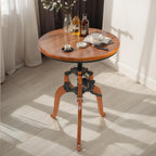 LOKKHAN Industrial Vintage Side Table, 23.62" Solid Wood Round Tabletop, 26-31.9" Height Adjustable with Lift Rocker Mechanism, Sturdy Shaft & Triangular Wood Base, Multi-Functional