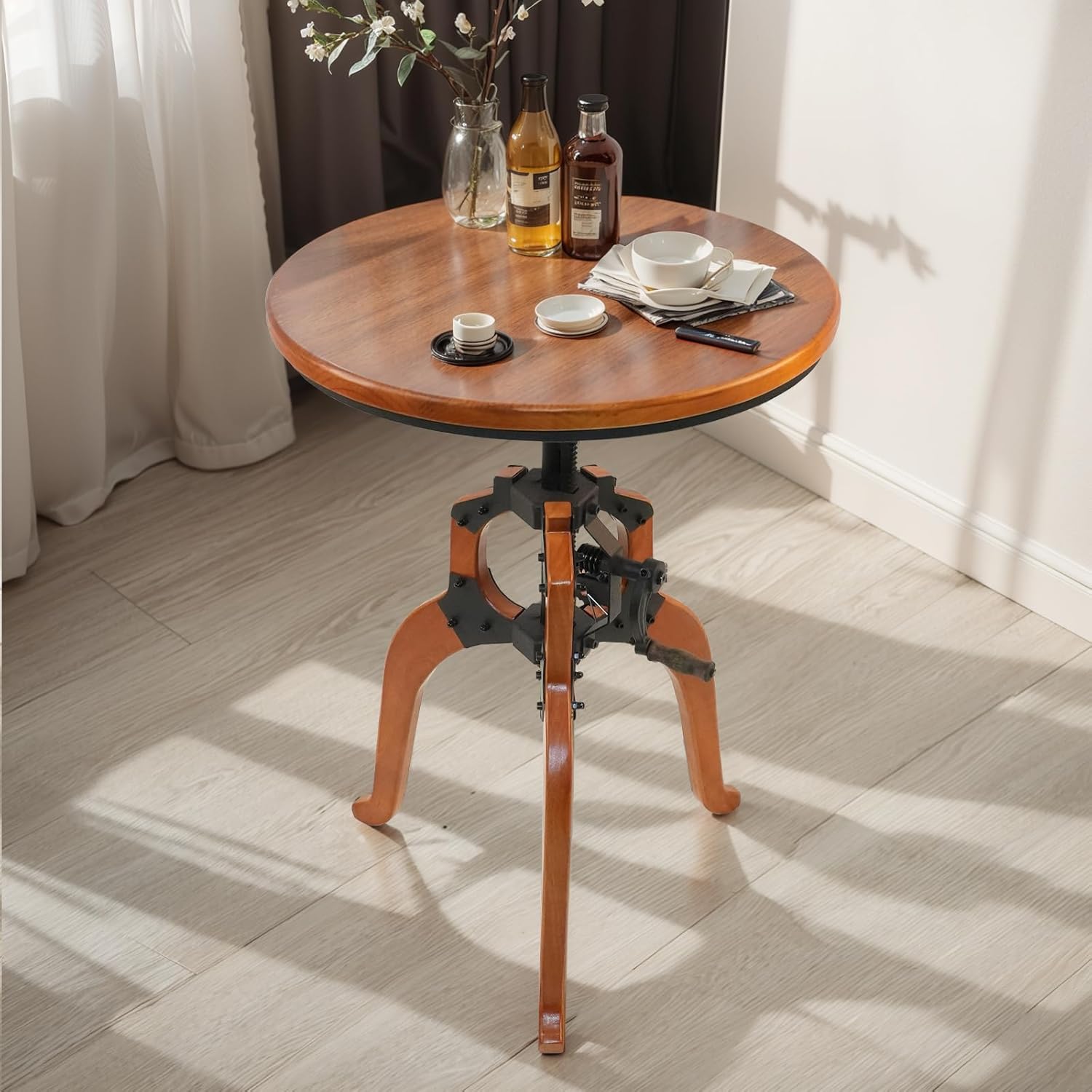 LOKKHAN Industrial Vintage Side Table, 23.62" Solid Wood Round Tabletop, 26-31.9" Height Adjustable with Lift Rocker Mechanism, Sturdy Shaft & Triangular Wood Base, Multi-Functional