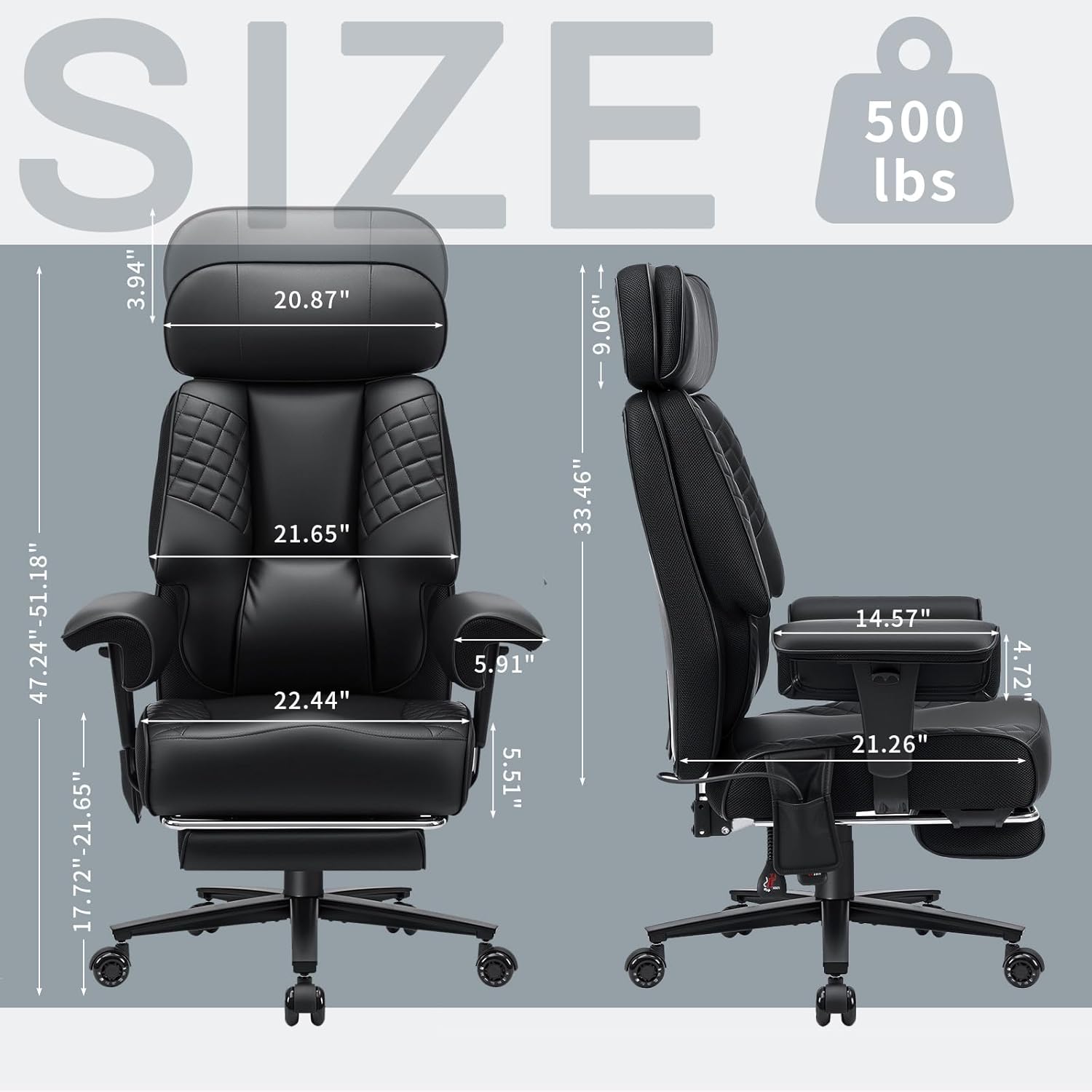 HOFFREE 500lbs Big and Tall Office Chair for Heavy People Executive Desk Chair with Adjustable Lumbar Support Comfy Wide Office Chair,Adjustable Padded Armrest,PU Leather,Black