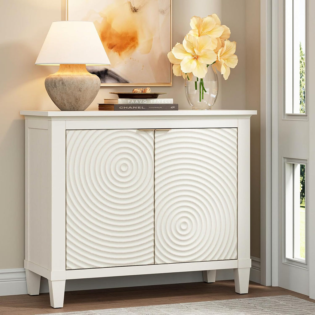 40" Coffee Bar Cabinet with Shelf, Craft Storage Cabinet with Doors, Wood Cabinet, Charming Carved Motif, Entry Way Cabinet with Storage, Sideboard Buffet for Living Room (Annual rings, White)