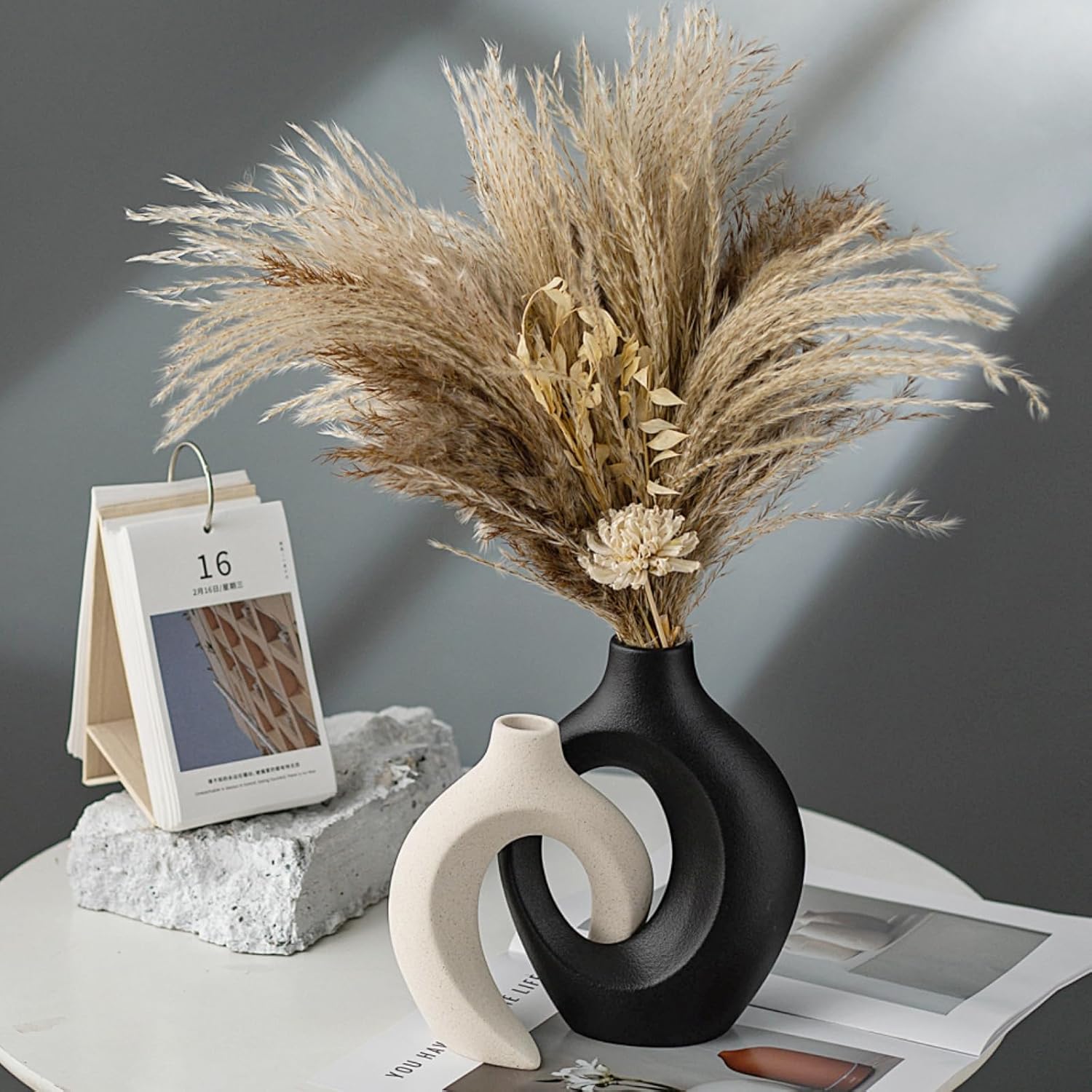 Black and Off-White Hollow Ceramic Vase Set of 2, Nordic Minimalist Aesthetic Snuggle Vases for Table Centerpiece Dining Living Room Book Shelf Decoration (W 6.3" X H 8.4")