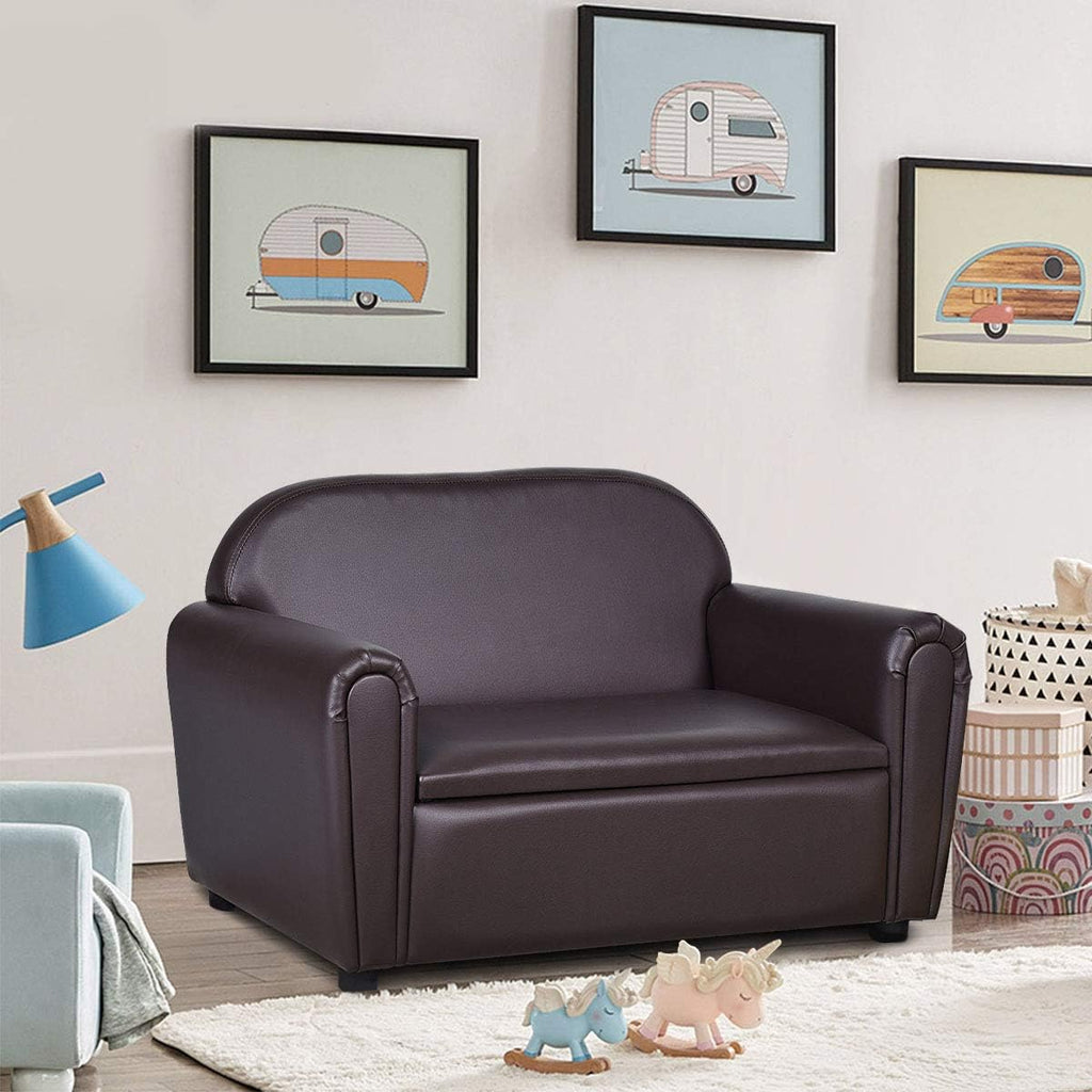 MAT EXPERT Kids Couch, 2 in 1 Double Seat Kids Sofa with PU Leather Surface, Under Seat Storage, Armrest Chair Lounge for Preschool Toddlers Boys Girls Gifts