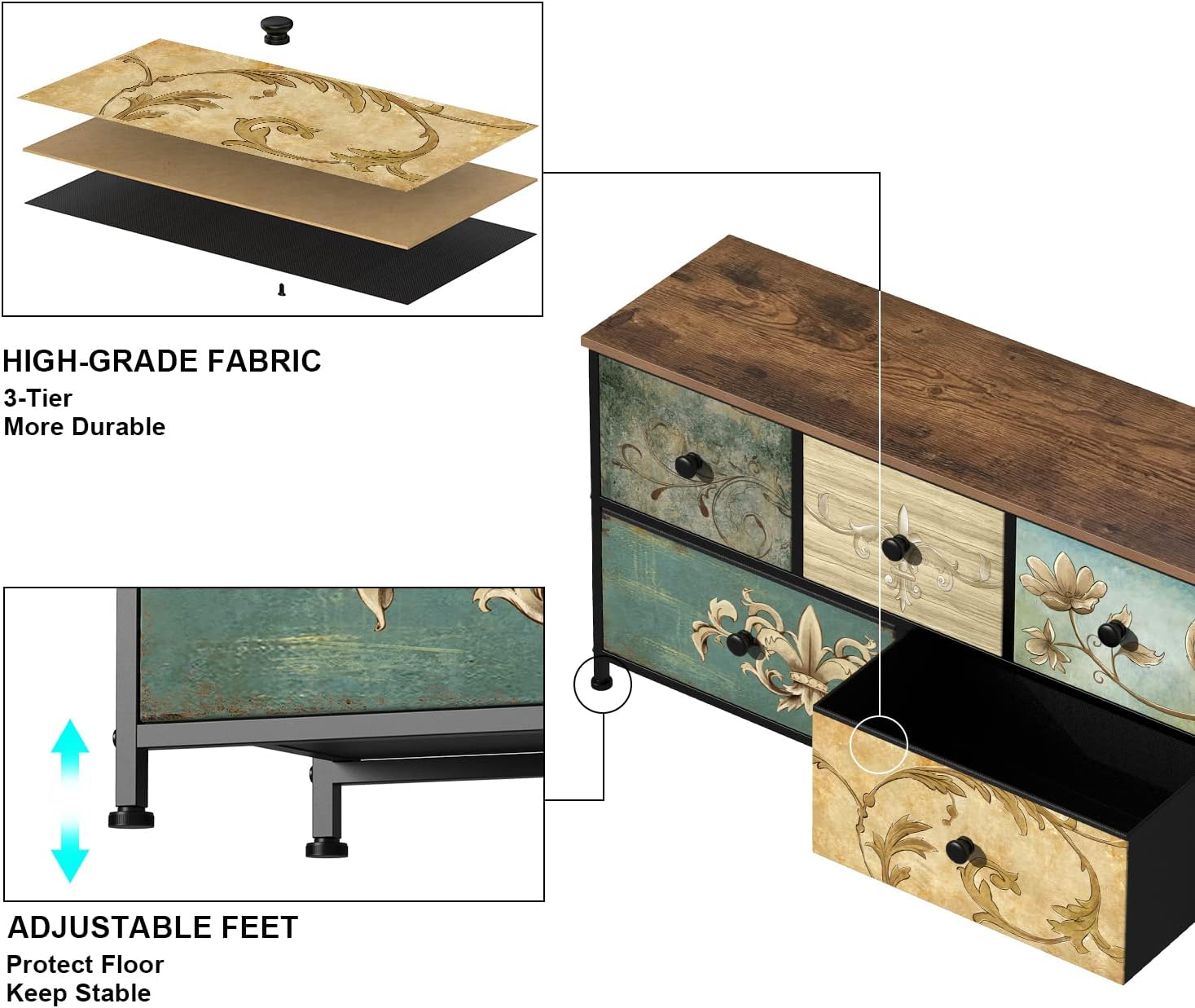Tohomeor Dresser with Drawers for Bedroom Chest of Drawers Fabric Dresser for Closet,Nursery Entryway Hall Tree TV Stand for Living Room Retro Floral Pattern Drawers Wooden Top (5 Drawers)