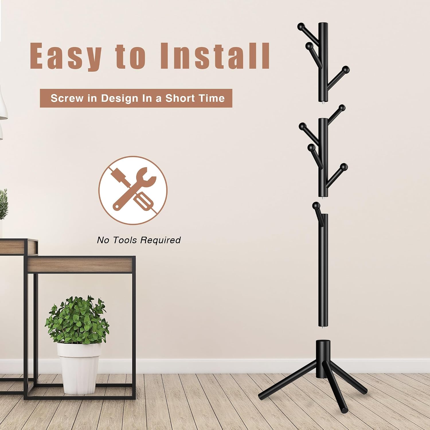 Coat Rack, Coat Racks Freestanding with 8 Hooks 3 Adjustable Heights for Clothes, Hats, Handbags, Coat Tree Easy Assembly for Entryway, Bedroom, Hallway, Office(Black)