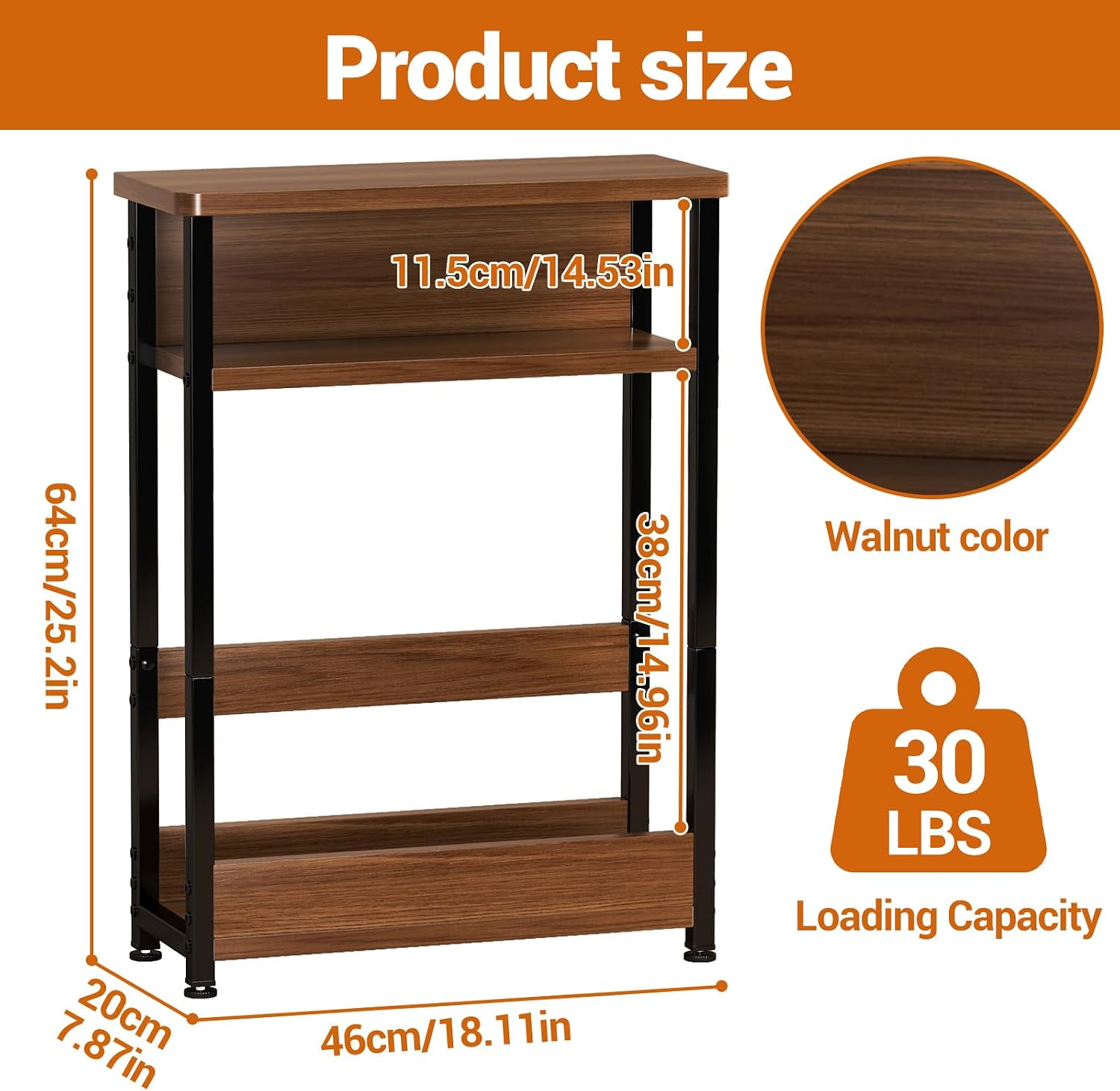 Narrow Side Table with Storage Shelf, 3-Tier Slim End Table with Magazine Holder, Modern Thin Side Tables for Couch or Small Spaces, Skinny Nightstand for Living Room or Bedroom Walnut
