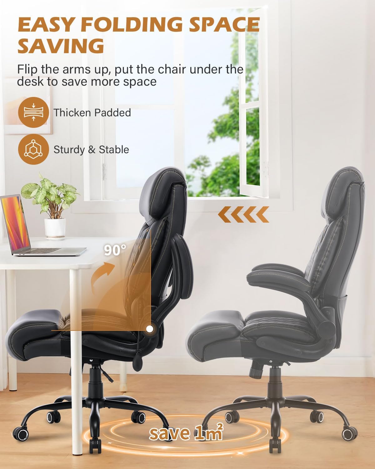 550LBS Big and Tall Office Chair for Heavy People,Ergonomic Office Chair with Padded Flip-Up Arms and Adjustable Lumbar Support,High Back Executive Leather Desk Chair with Rocking Function