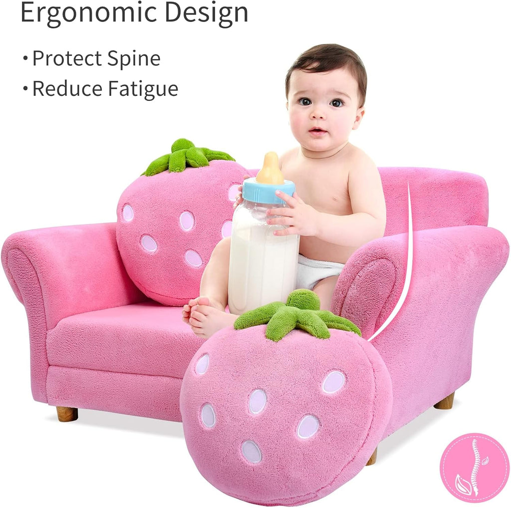 ARLIME Kids Sofa, Upholstered Toddler Couch Chair with Ergonomic Back & 2 Strawberry Pillows, Double Seat Toddler Armchair for Boys Girls