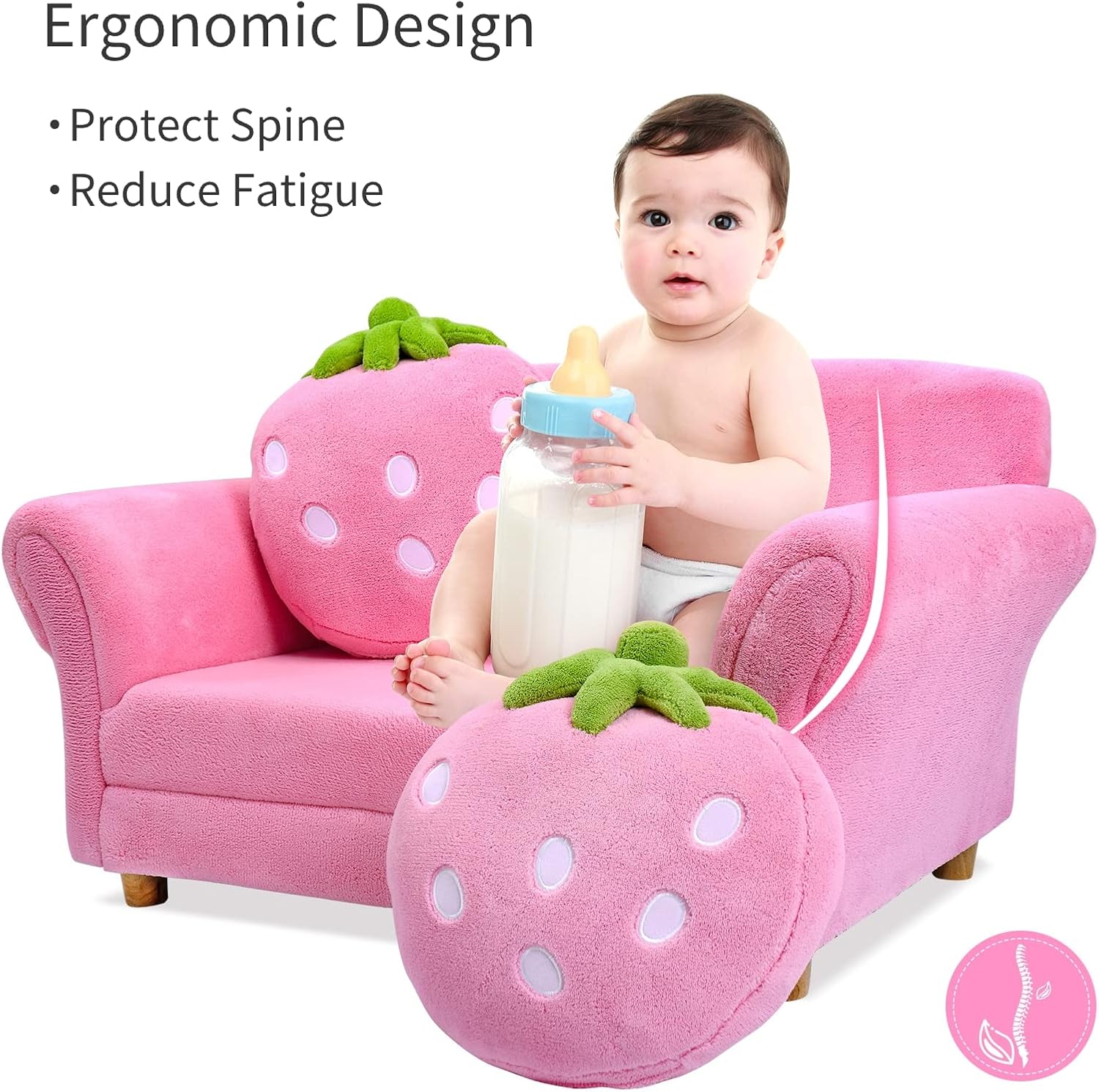 ARLIME Kids Sofa, Upholstered Toddler Couch Chair with Ergonomic Back & 2 Strawberry Pillows, Double Seat Toddler Armchair for Boys Girls