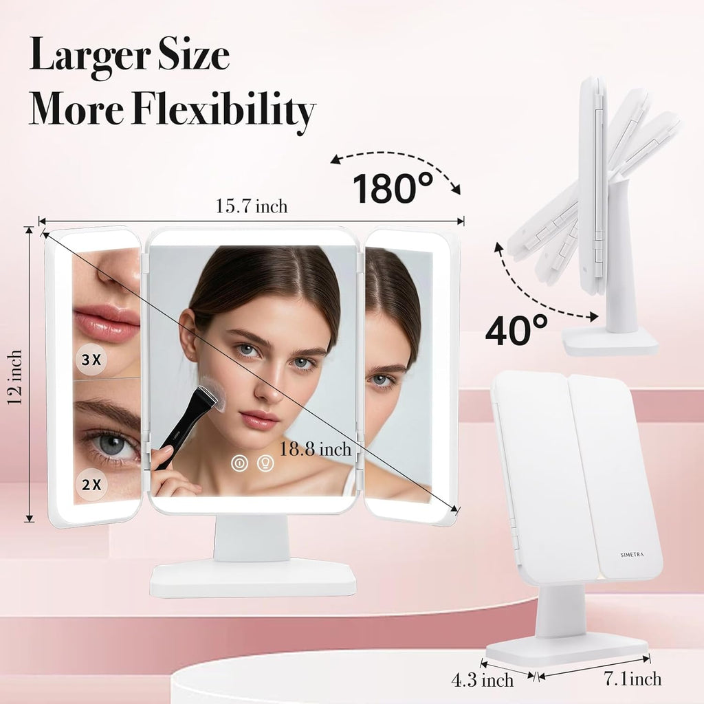SIMETRA 15.6'' Rechargeable Makeup Mirror with Lights, 156 LED Magnification Vanity Mirror with 3 Colors Lights, 3000mAh Lighted Mirror, Touch Control Trifold Mirror for Women Travel Desk