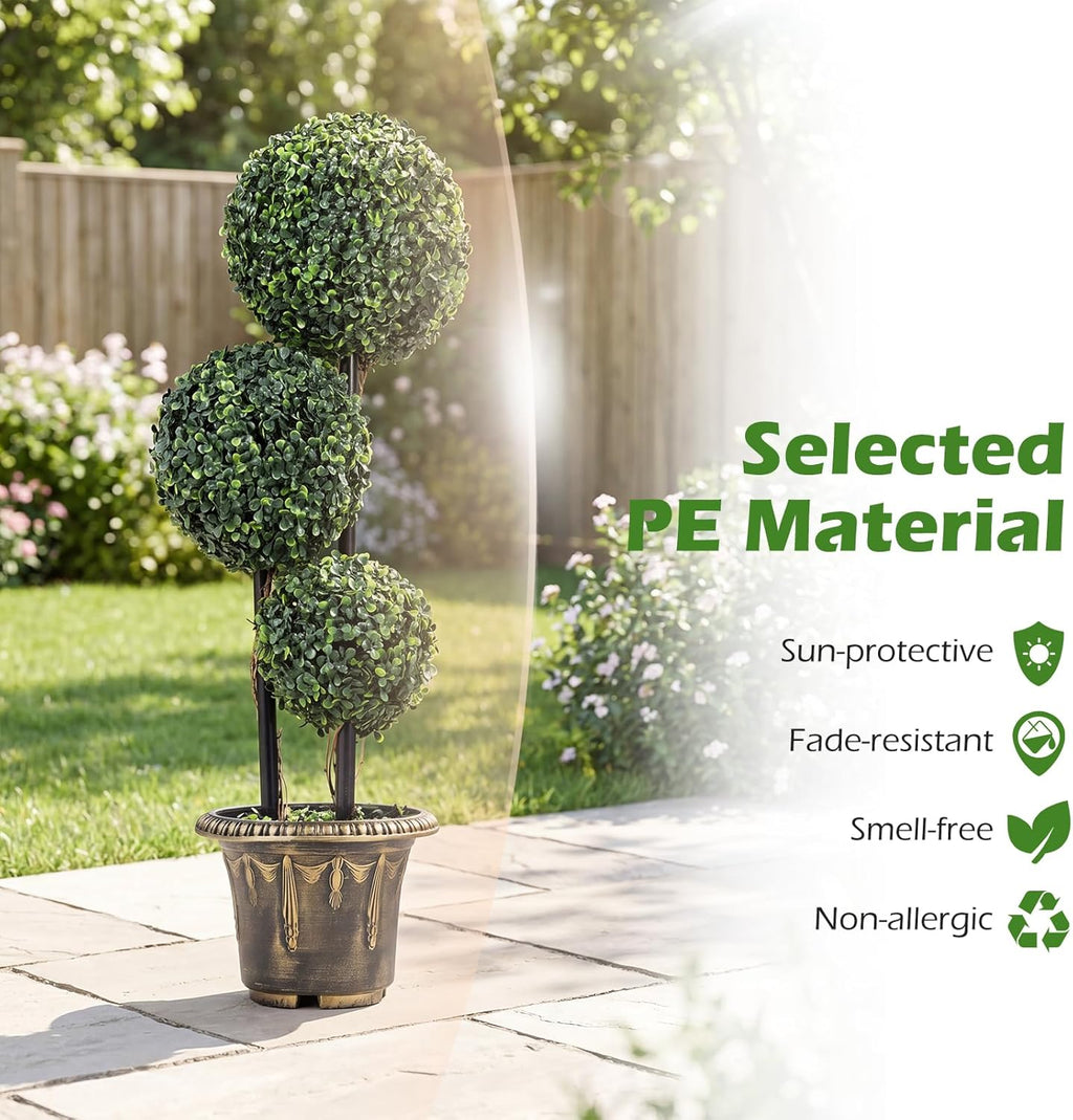 Goplus 3 FT Artificial Boxwood Topiary Tree, Sun-Protective Triple Ball Fake Plants Shrubs, Evergreen Faux Potted Plants for Indoor Outdoor Home Office Front Porch Decor