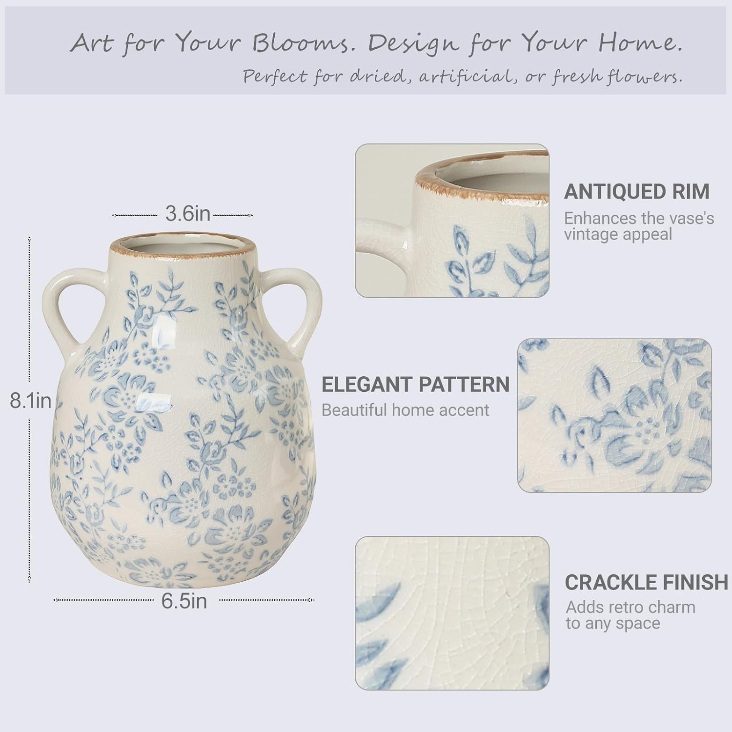 Ceramic Vase Vintage Flower Vase, Blue and White Chinoiserie Floral Decorative Vase, Rustic Retro Large Farmhouse Crackle Finish Vases with Handle for Flowers Home Decor Living Room, SoftBlue-02, 8.1”