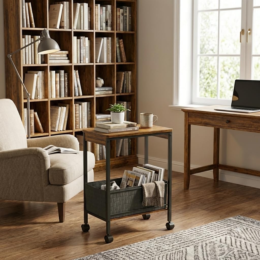 Rustic Brown Rolling Side Table with Storage Basket, Narrow End Table on Wheels for Small Spaces, 15.75" D x 9.84" W x 22.05" H Sofa Side Table with Fabric Bin for Living Room and Bedroom