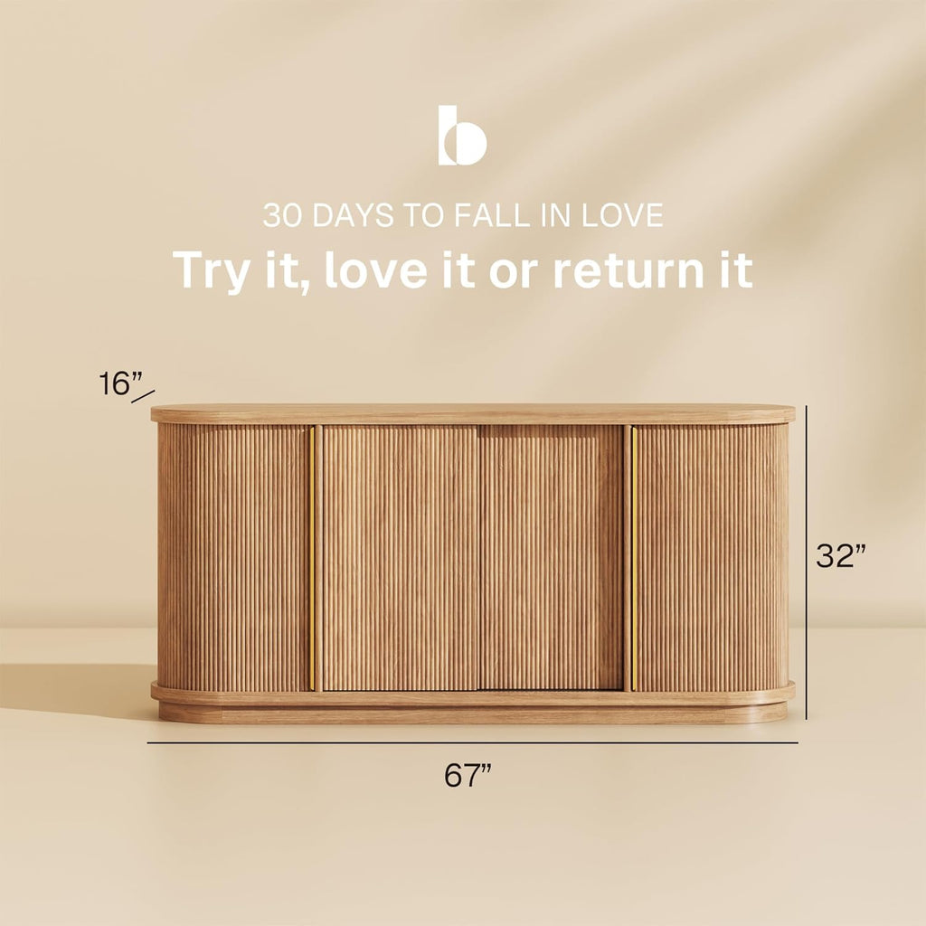 BELLEZE Turin 67" Modern Curved Sideboard with Sliding Tambour Doors - Fluted Wood Buffet Cabinet & Credenza - Oval Media Console with Gold Accents for Dining Room, Living Room, or Entryway (Camel)
