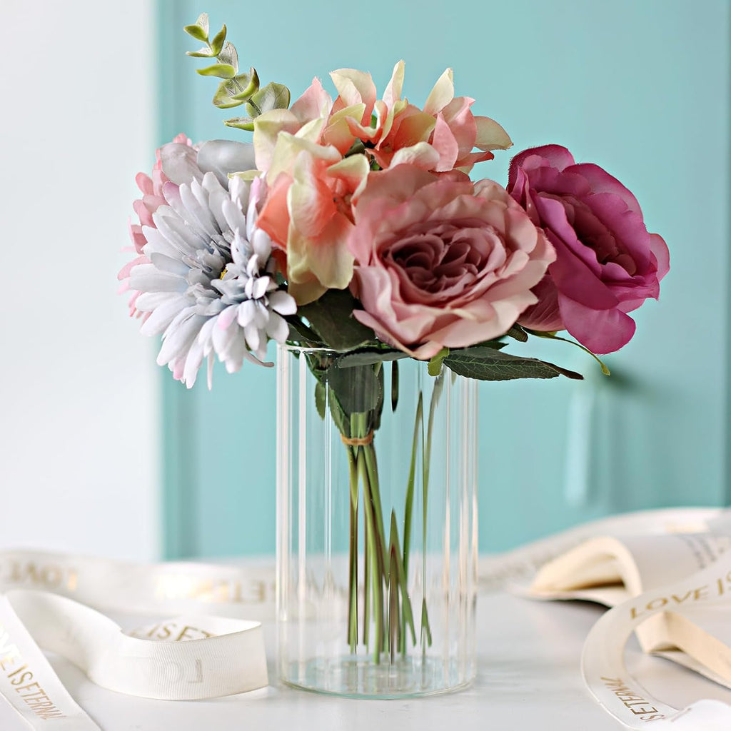 12Pcs Glass Cylinder vases for Centerpieces, 6 Inches Clear Ribbed Bud Vases for Wedding Decorations,Floral Vase Bulk Flower vases,Tall Glass Hurricane Candle Holder for Table Shelf, Party(Ribbed)