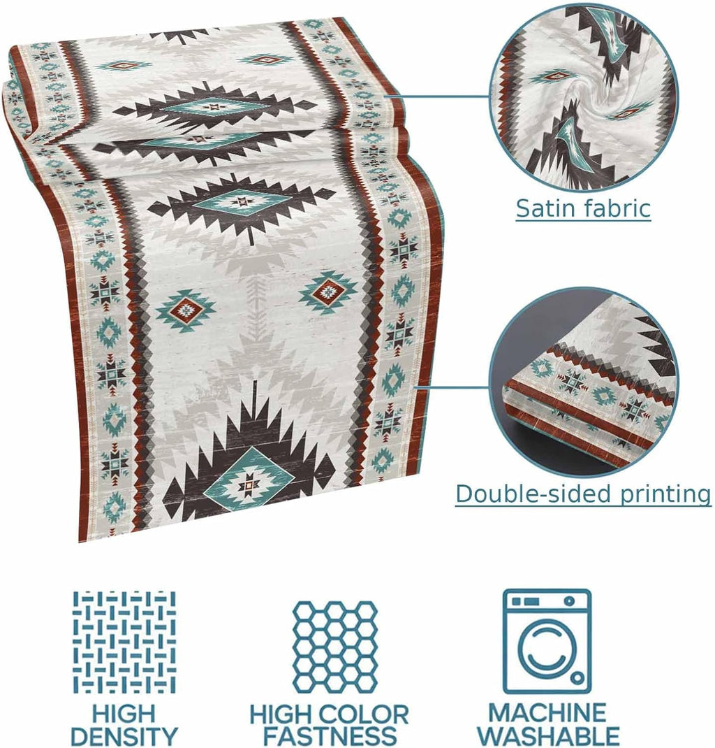Turquoise Beige Boho Bed Runner King Size, Vintage Ethnic Tribal Southwestern Bed Scarf Protector Slipcover for Bedroom Wedding Room Hotel, Bedding Runner Throws for Foot of Beds 94"x20"