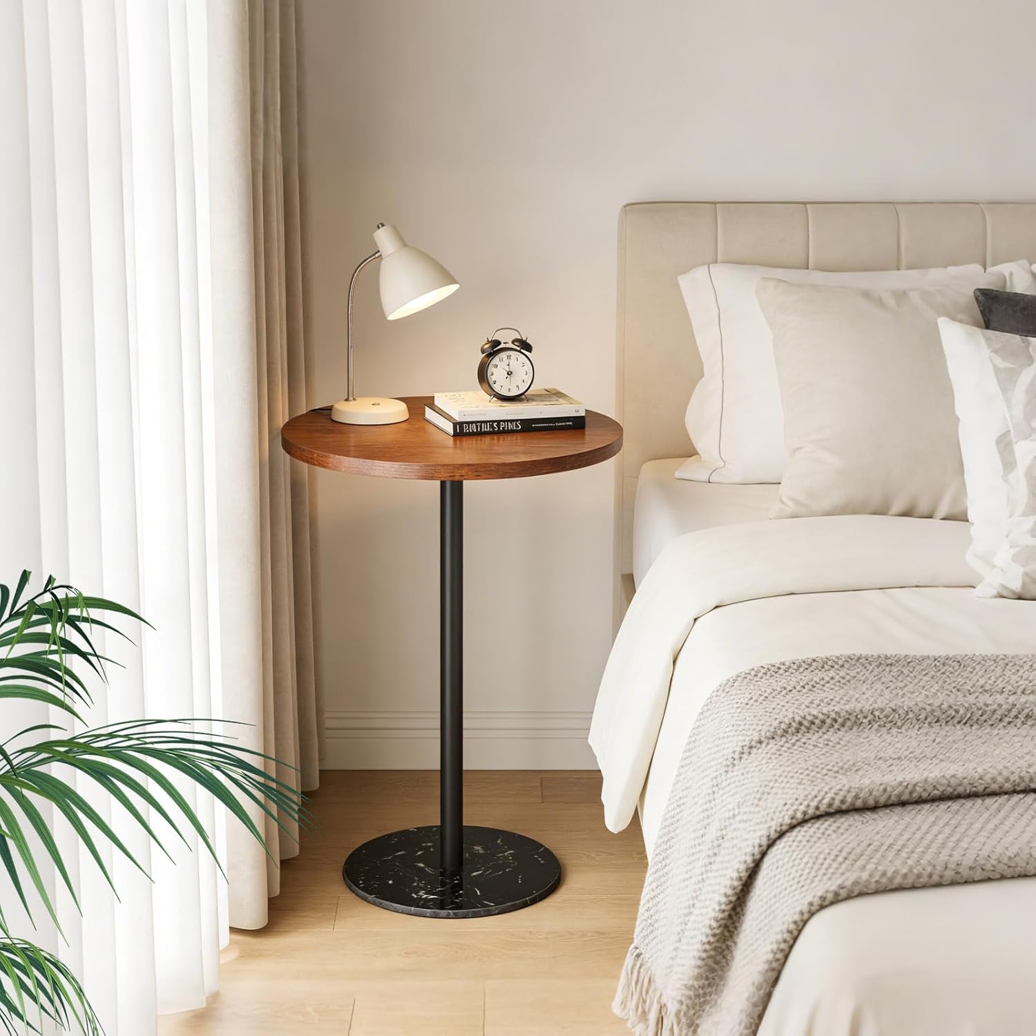 Side Table, Round End Table, Small Drink Table for Small Spaces, Modern Accent Nightstand with Natural Marble Base for Living Room, Bedroom,Bathroom Corners, and Office (Rustic Brown)