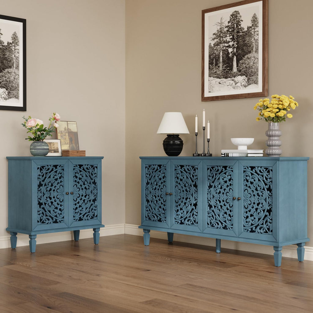 Sideboard Buffet Credenza Cabinet, 4-Door Hollow-Carved Accent Buffet, 60" Large Vintage Distressed Sideboard Storage Cabinet for Kitchen, Living Room,Entryway, Blue