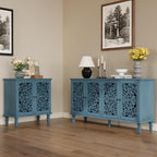 Sideboard Buffet Credenza Cabinet, 4-Door Hollow-Carved Accent Buffet, 60" Large Vintage Distressed Sideboard Storage Cabinet for Kitchen, Living Room,Entryway, Blue