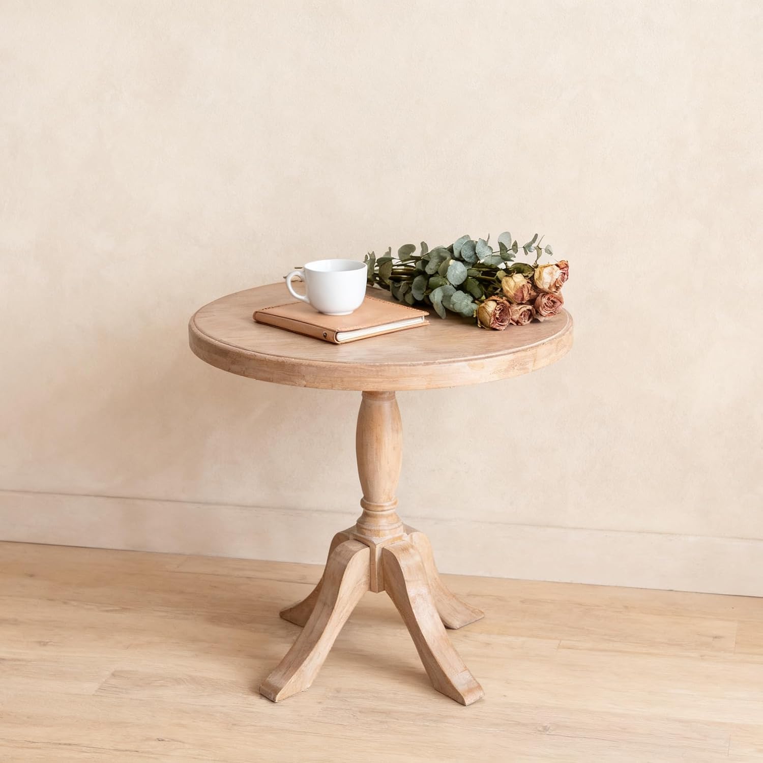 23.6'' Round Wooden End Table, Wooden Pedestal Side Coffee Tables, for Living Room, Bedroom, Entryway, Equipped with Two Stands, Available in Two Heights: 24.4'' and 28.4'', Natual